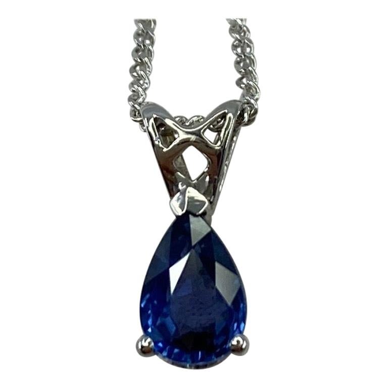 1.03ct Vivid Blue Ceylon Sapphire 18k White Gold Pear Cut Heart Pendant Necklace