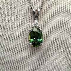 1.03ct Vivid Green Oval Cut Sapphire And Diamond 14k White Gold Pendant Necklace