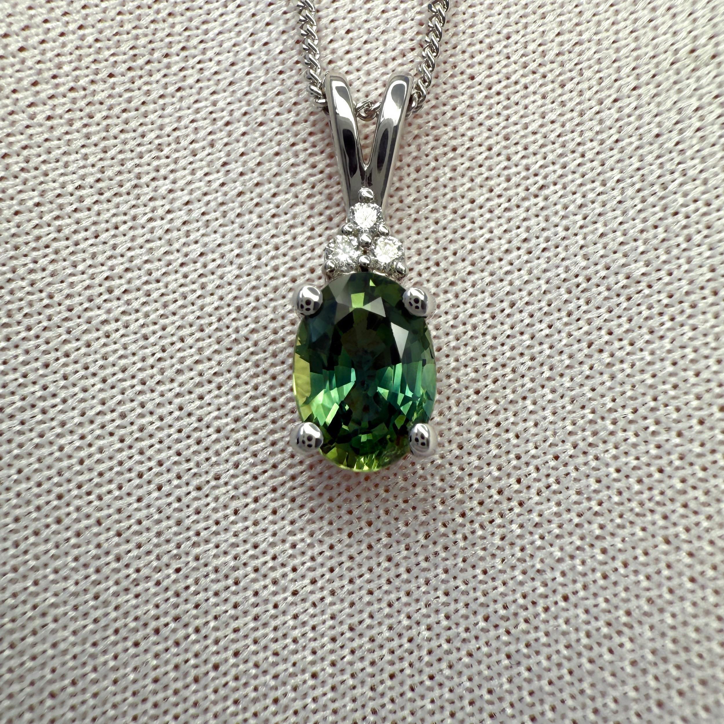 Women's or Men's 1.03ct Vivid Green Oval Cut Sapphire And Diamond 14k White Gold Pendant Necklace For Sale