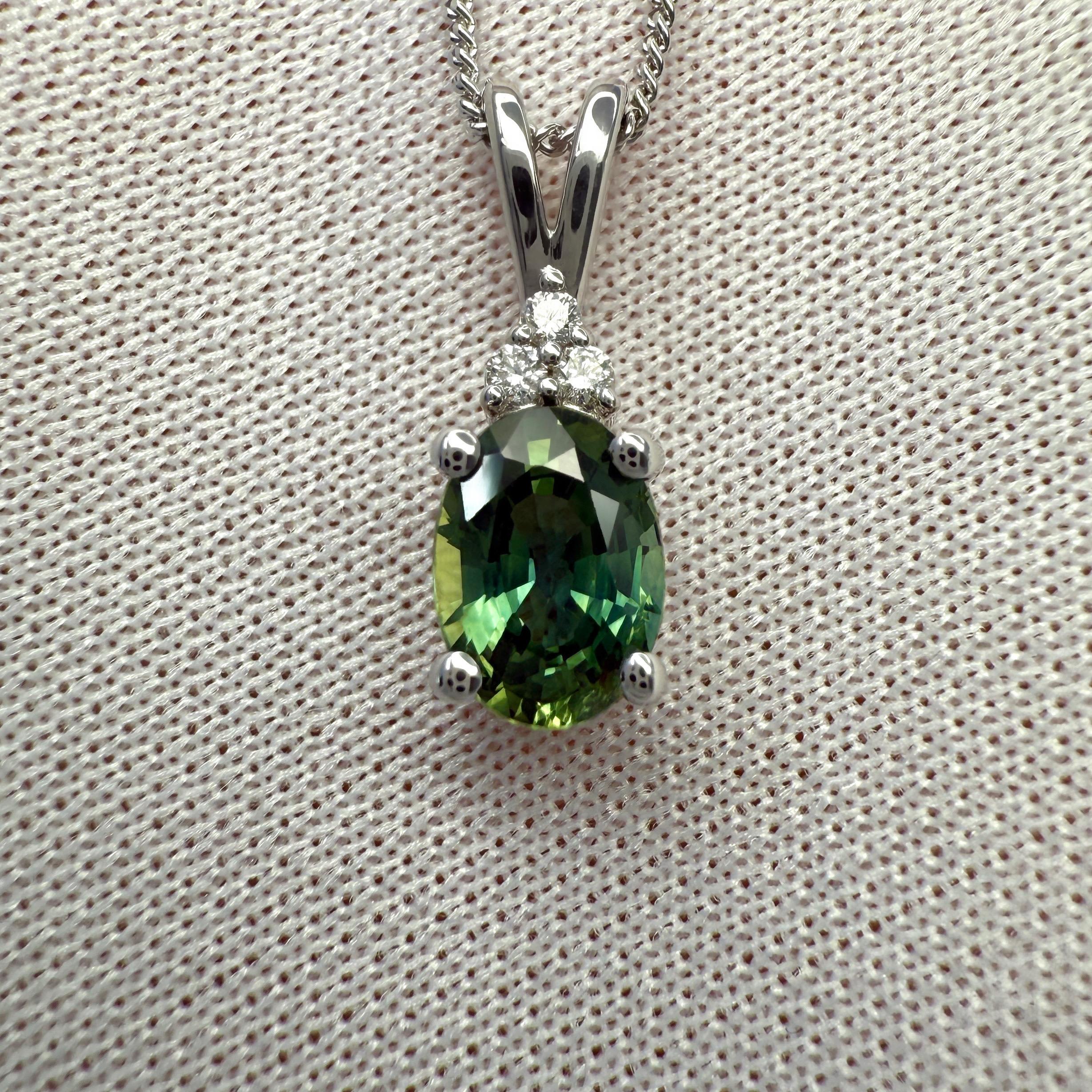 1.03ct Vivid Green Oval Cut Sapphire And Diamond 14k White Gold Pendant Necklace For Sale 3