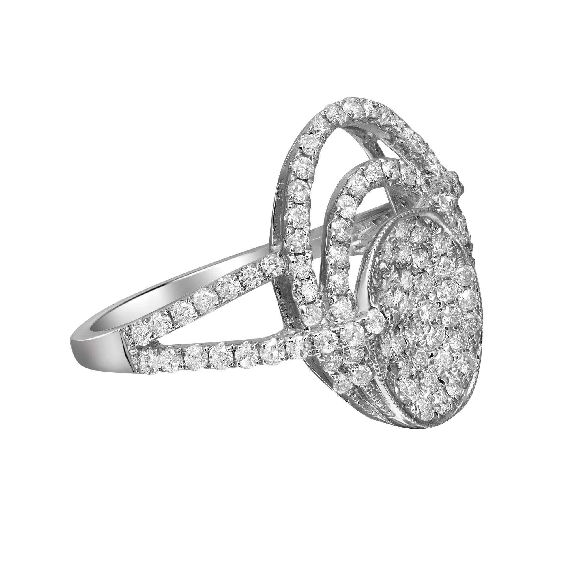 Presenting a luxury and bold natural diamond ring crafted in 14k white gold. This fancy ring is highlighted with 1.03 carats of dazzling pave set white round cut diamonds with I color and SI1 clarity. The ring size is 7.75. Total weight: 4.19 grams.