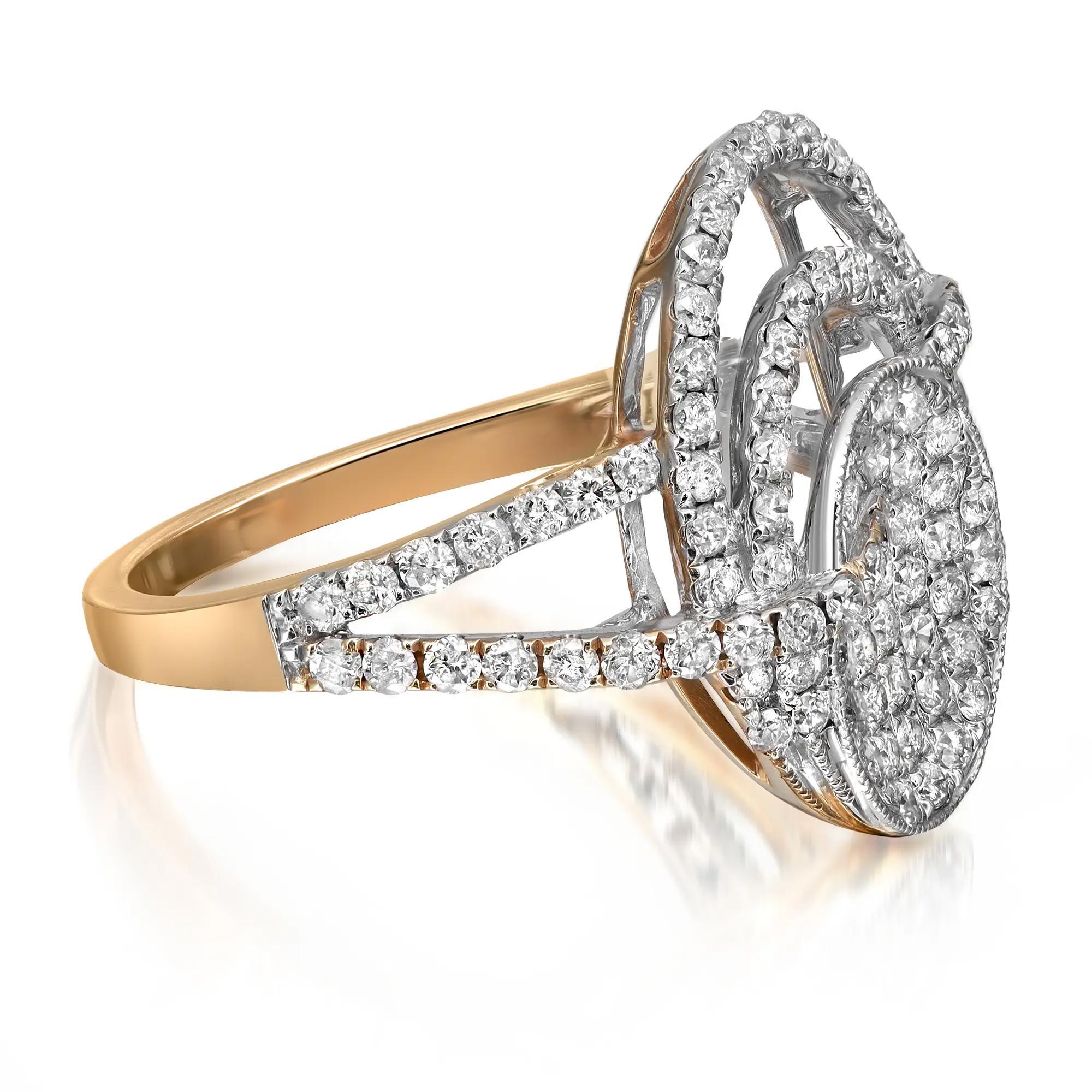 Presenting a luxury and bold natural diamond ring crafted in 14k yellow gold. This fancy ring is highlighted with 1.03 carats of dazzling pave set white round cut diamonds with I color and SI1 clarity. The ring size is 7.75. Total weight: 3.86