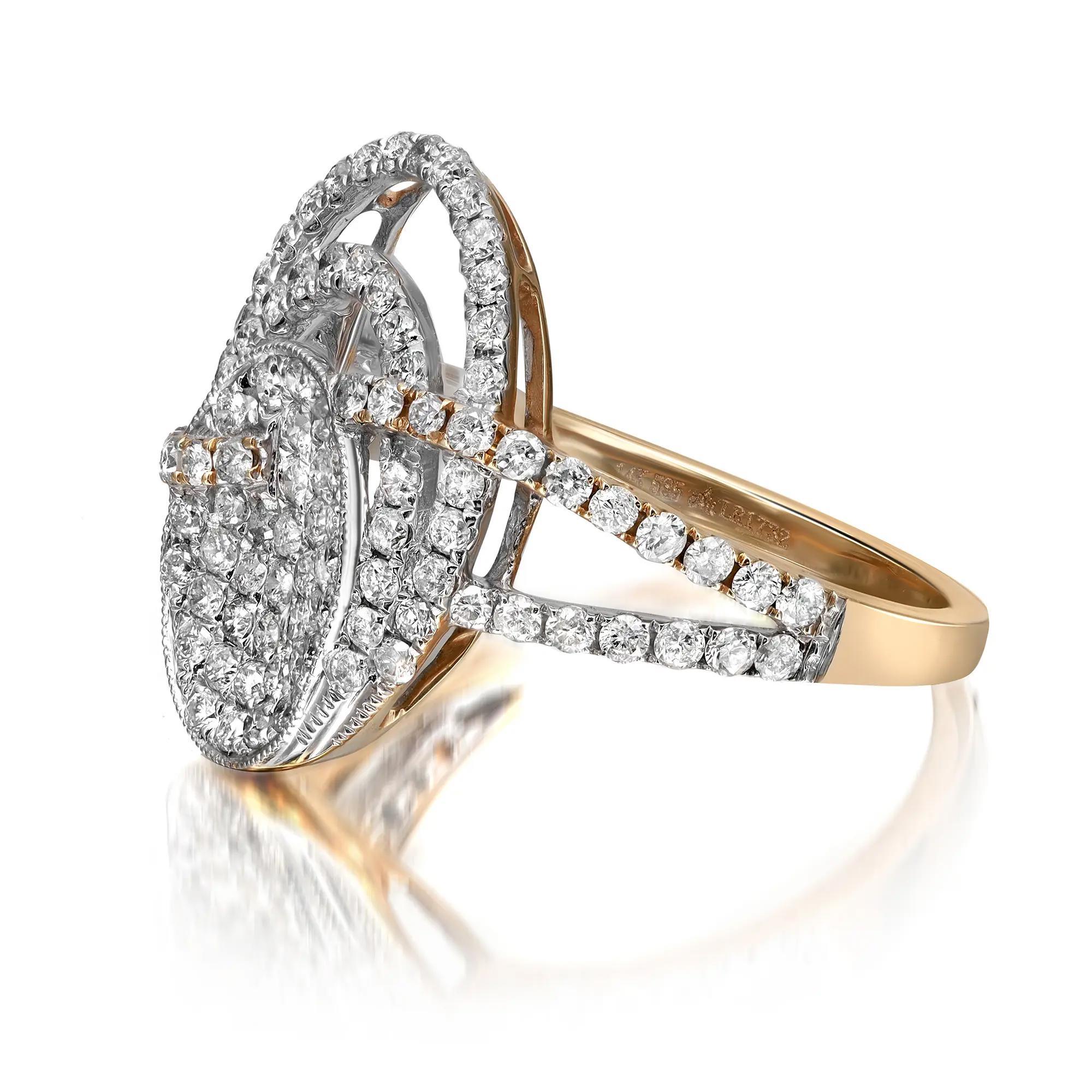 Round Cut 1.03cttw Pave Set Round Diamond Ladies Cocktail Ring 14k Yellow Gold For Sale