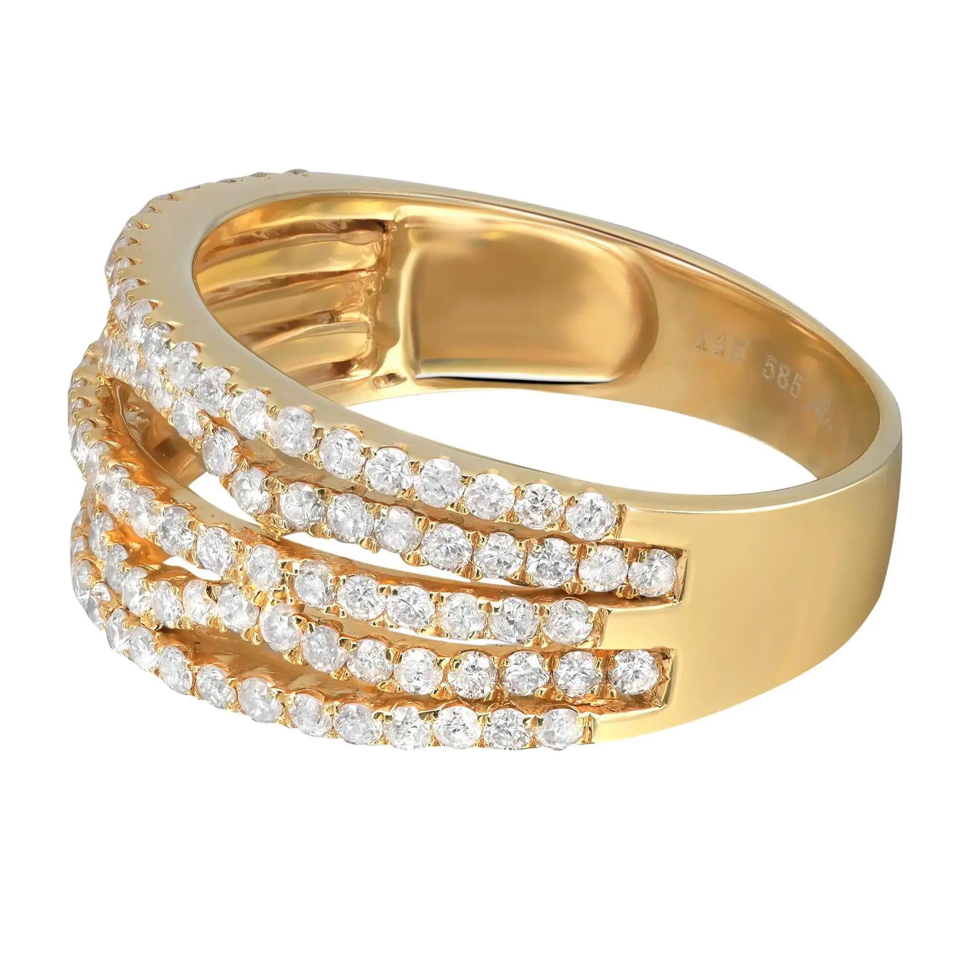 This elegant and classic diamond band ring is crafted in 14k yellow gold. Features multiple rows of prong set round brilliant cut diamonds weighing 1.03 carats. Ring width: 9.3 mm. Ring size: 7.5. Total weight: 4.13 grams. A great addition to your