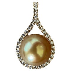 10.3mm AAA Golden South Sea Pearl Pendant with Natural Diamonds in 18k gold
