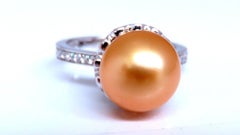10.3mm Natural Golden South Seas Pearl Diamonds Rings 14kt