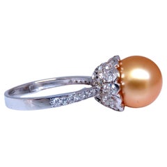 10,3 mm Natürliche goldene Südseeperlen-Diamanten-Ringe 14kt