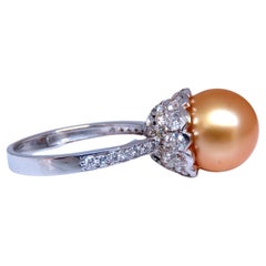 10.3mm Natural Golden South Seas Pearl Diamonds Rings 14kt*