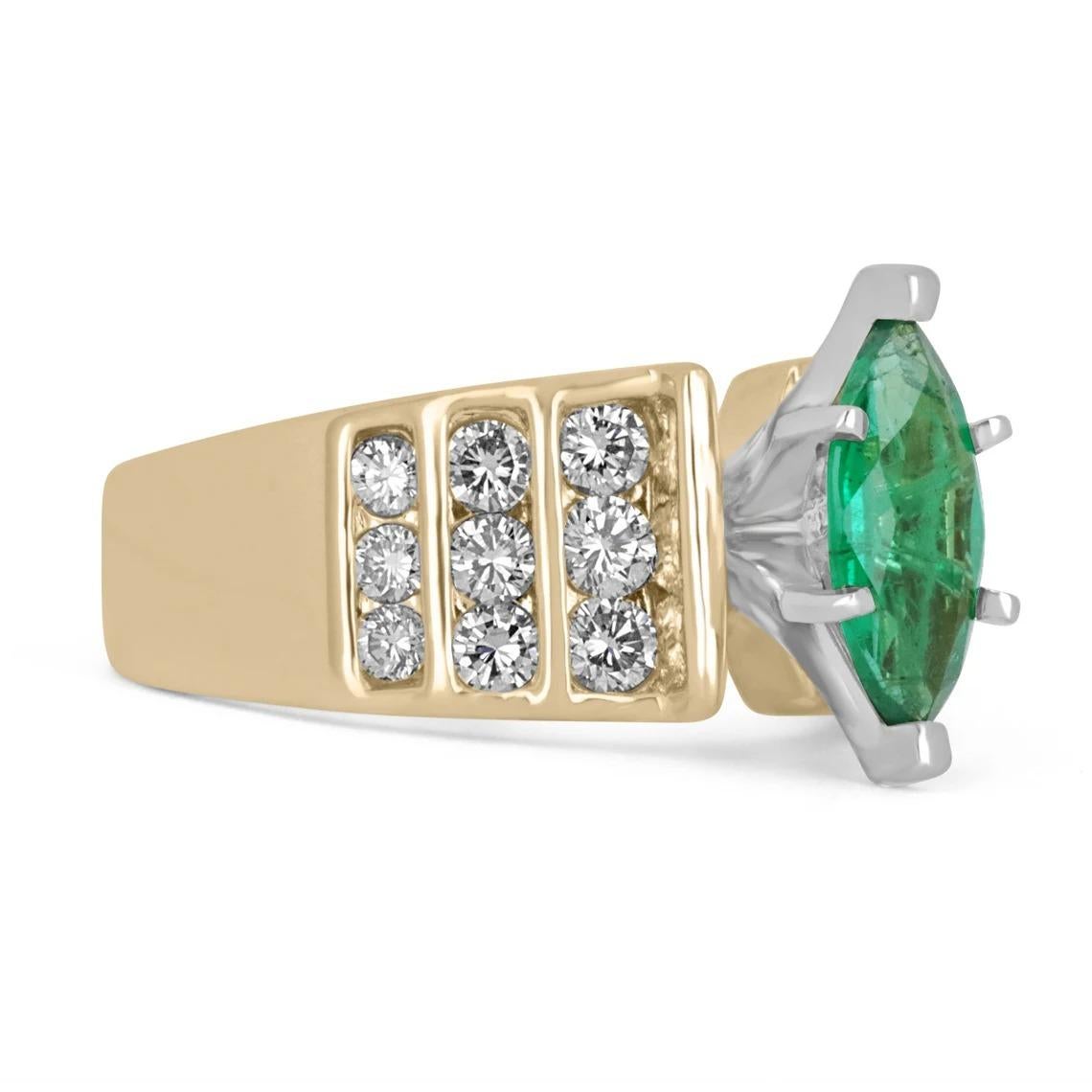 Displayed is a stunning emerald marquise and diamond ring. The center gemstone is an emerald marquise handset in a six-prong setting that allows for a full view of the emerald. Brilliant round diamonds are channel set on the shank of the ring and