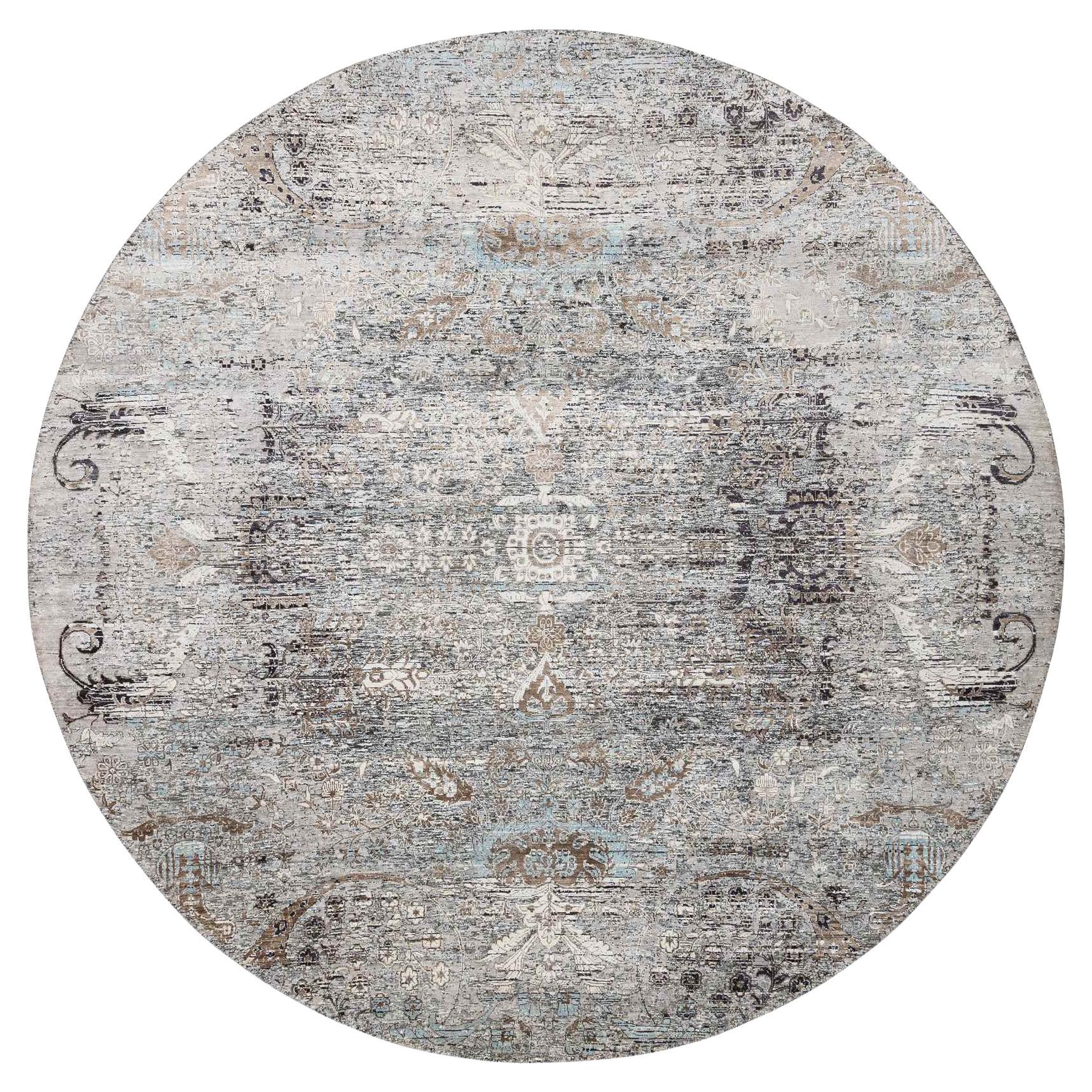 10'3 "x10'3" Grau Seide-Texturierte Wolle Hand geknotet Persisch Erased Design Runde Teppich