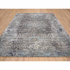 10'3"x10'3" Gray Transitional Hand Knotted Persian Silk with Wool Square Rug
