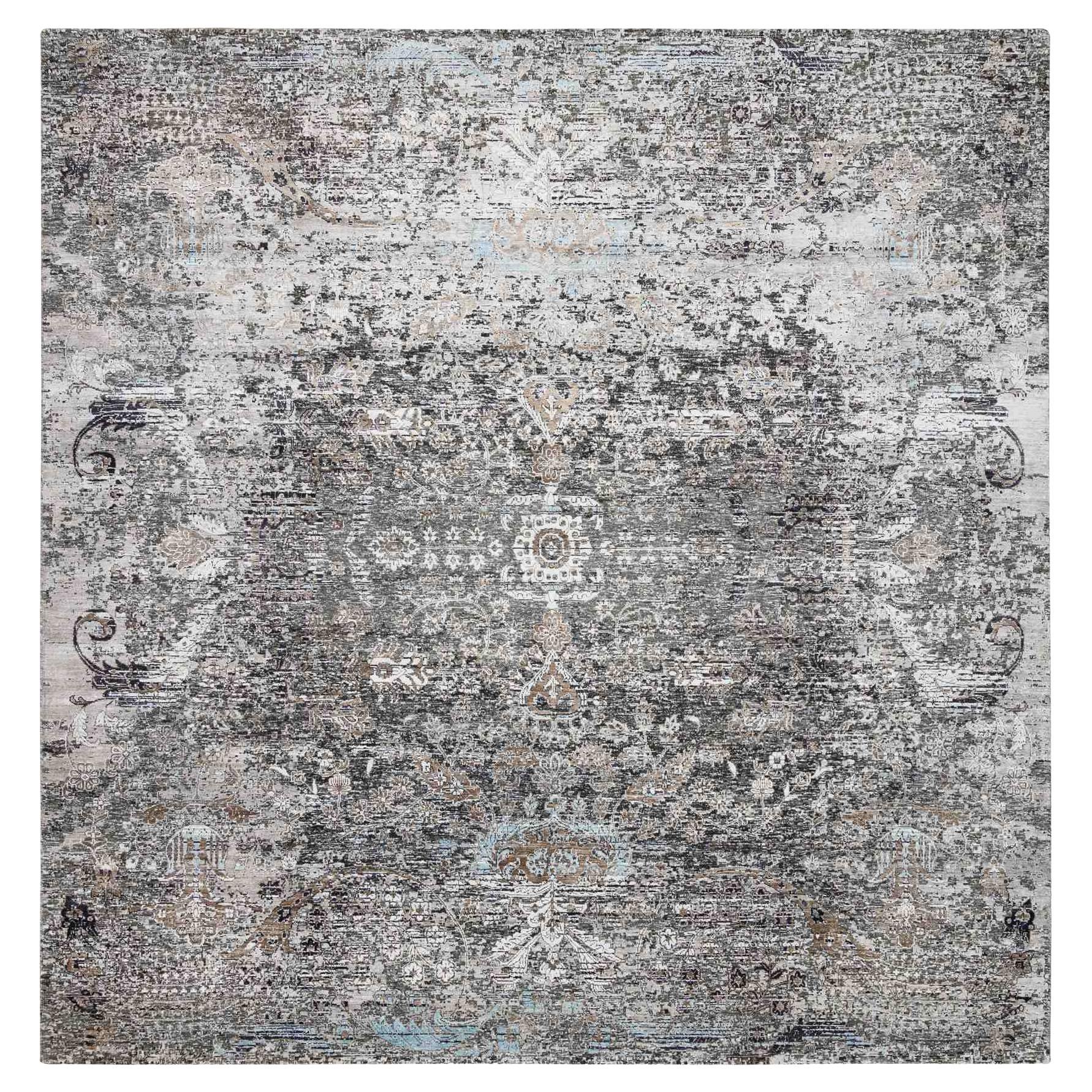 10
3"x10
3" Gray Transitional Hand Knotted Persian Silk with Wool Square Rug