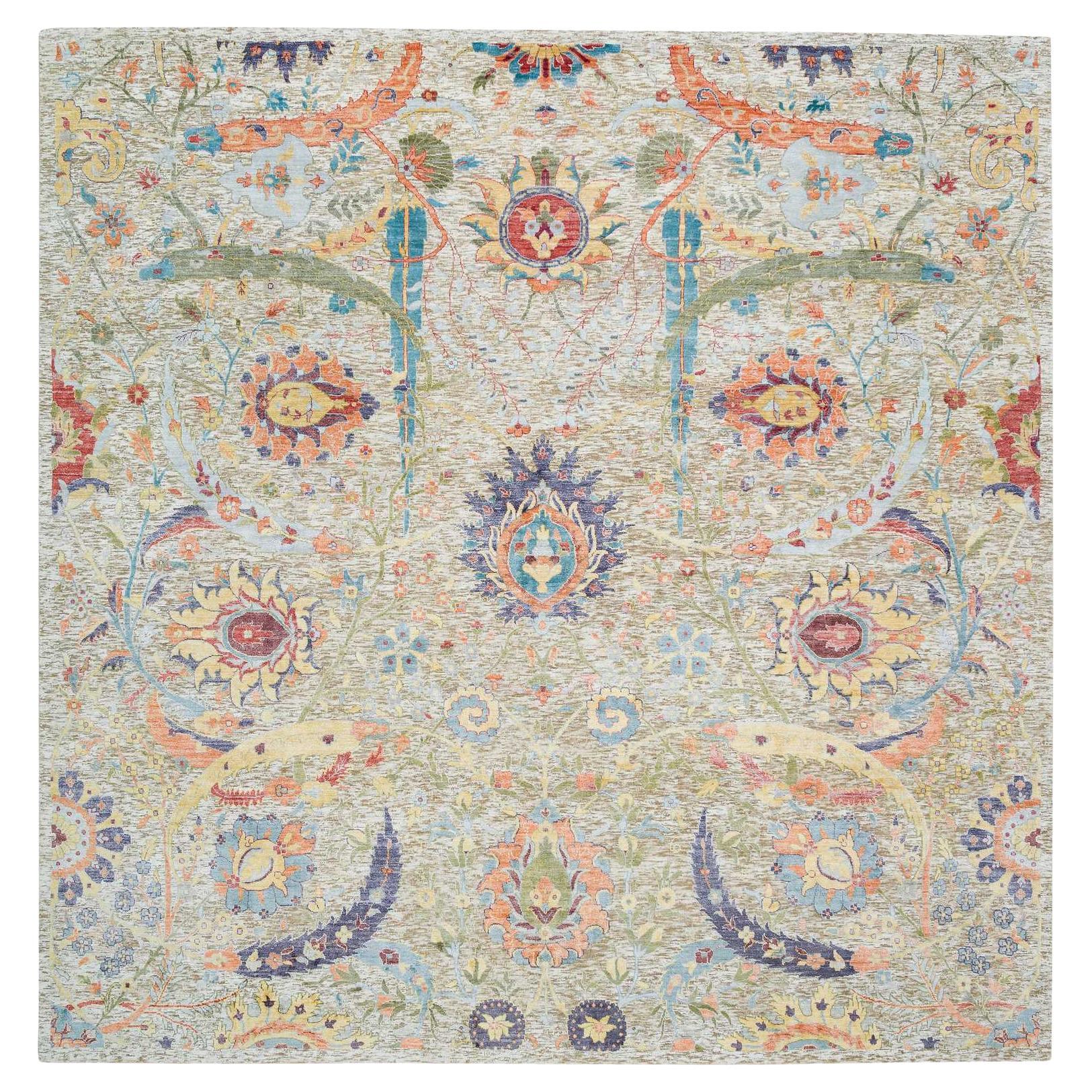 10'3"x10'4" Tan Hand Knotted Sickle Leaf Design Silk & Textured Wool Square Rug