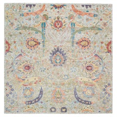 10'3 "x10'4" Tapis carré en soie et laine texturée, noué à la main, Tan Sickle Leaf Design