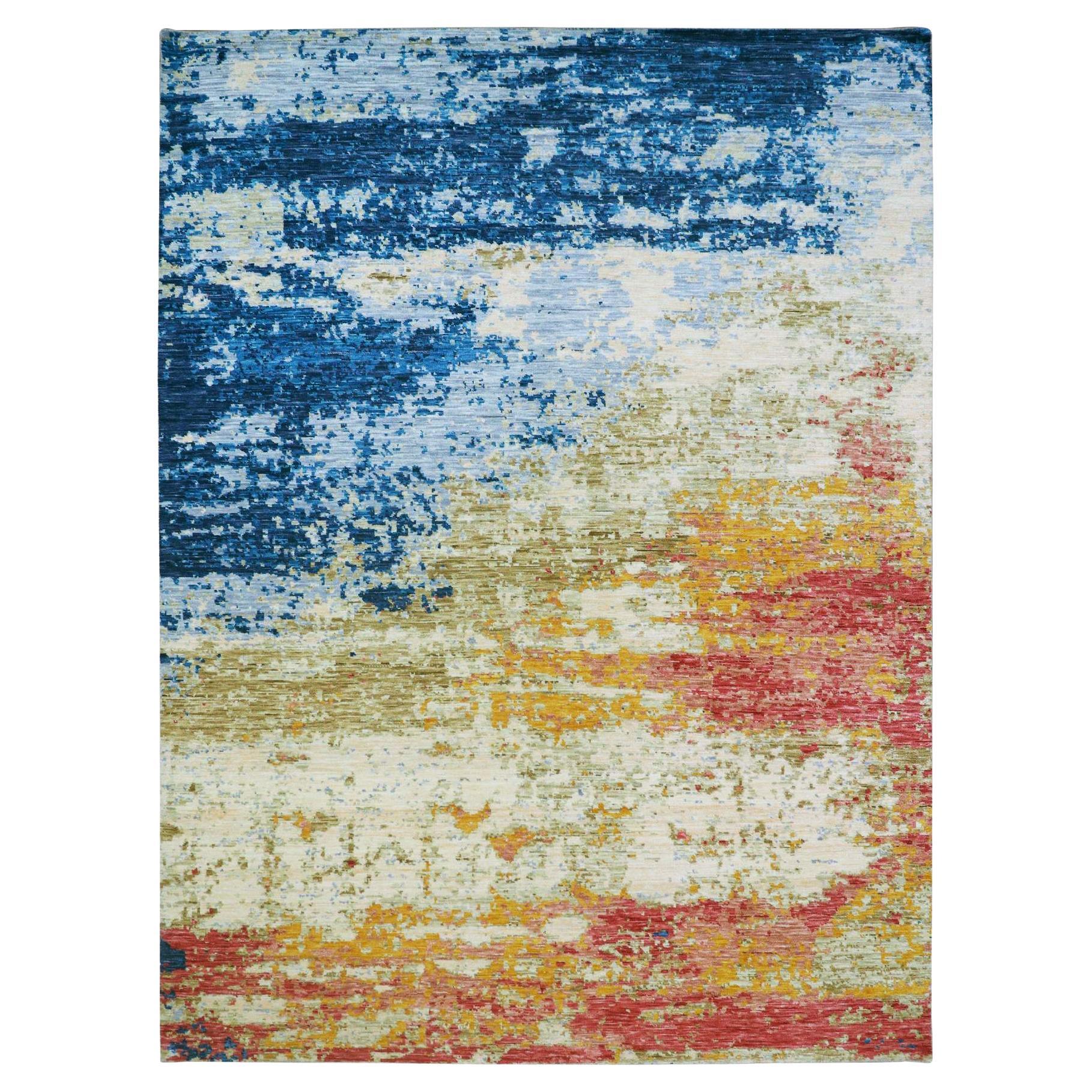 10'3"x13'9" Chiffon Ivory Colorful Modern Abstract Design Wool Hand Knotted Rug For Sale