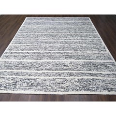 10'3"x14'1" Black and Ivory Modern Striae Design Wool Hand Knotted Oriental Rug
