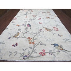 10'3"x14'7" Ivory Sparrows on the Tree Peshawar Hand Knotted Wool Oriental Rug