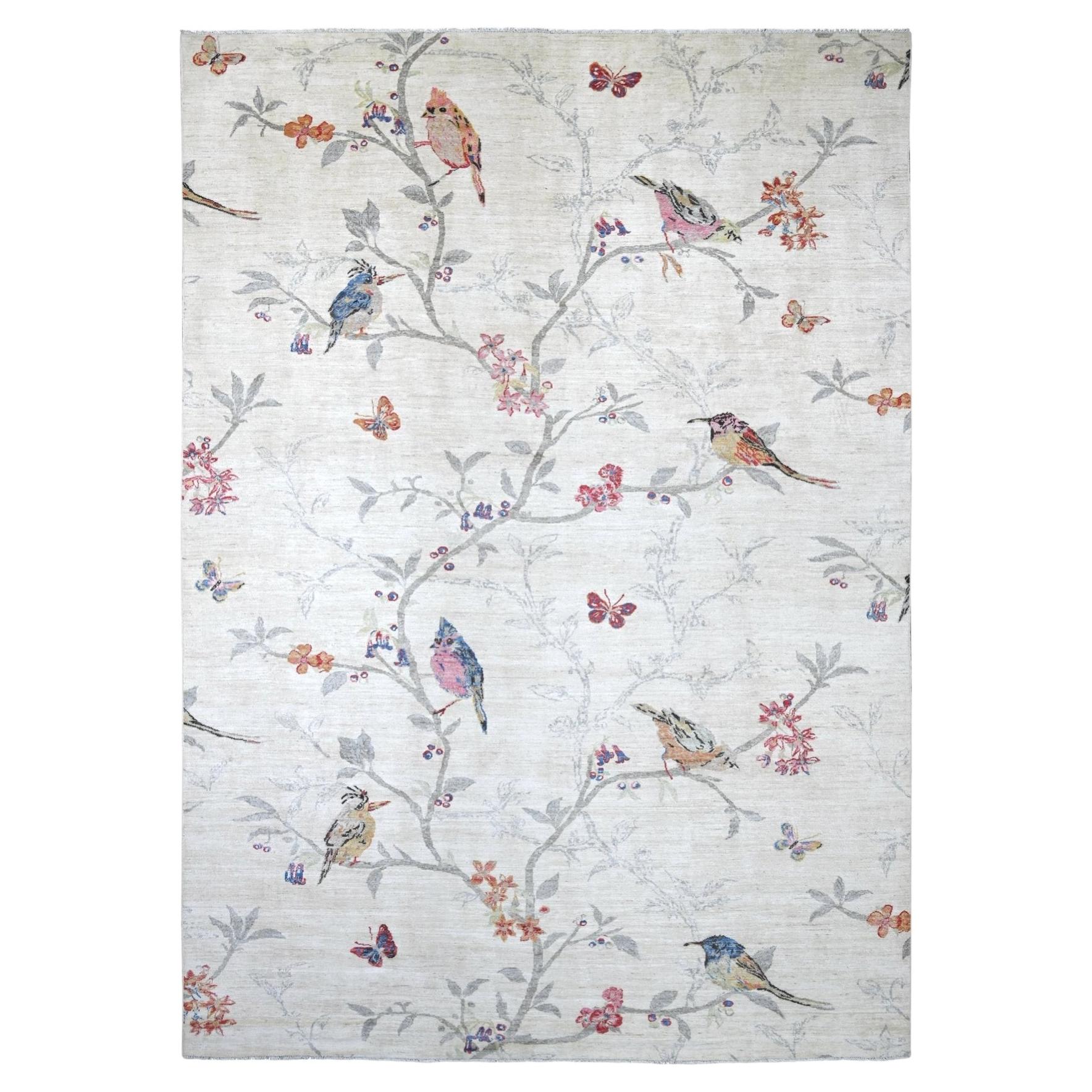 10'3"x14'7" Ivory Sparrows on the Tree Peshawar Hand Knotted Wool Oriental Rug
