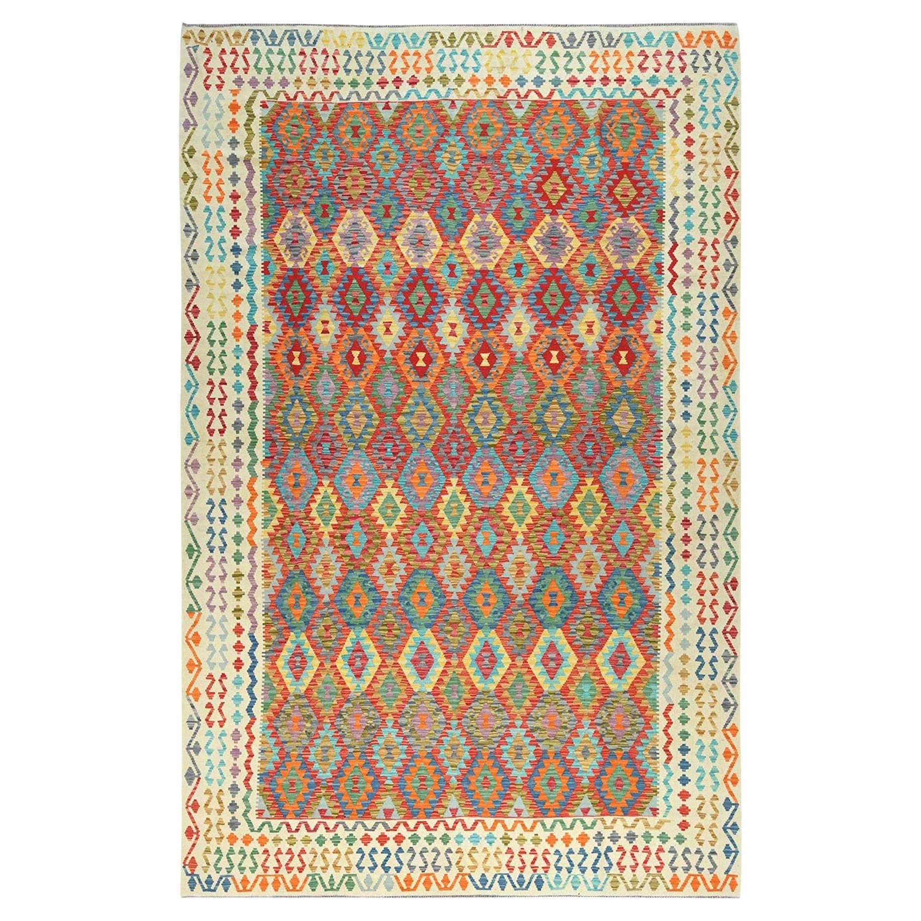 10'3"x16'1" Colorful Organic Wool Hand Woven Afghan Kilim Oversized Rug