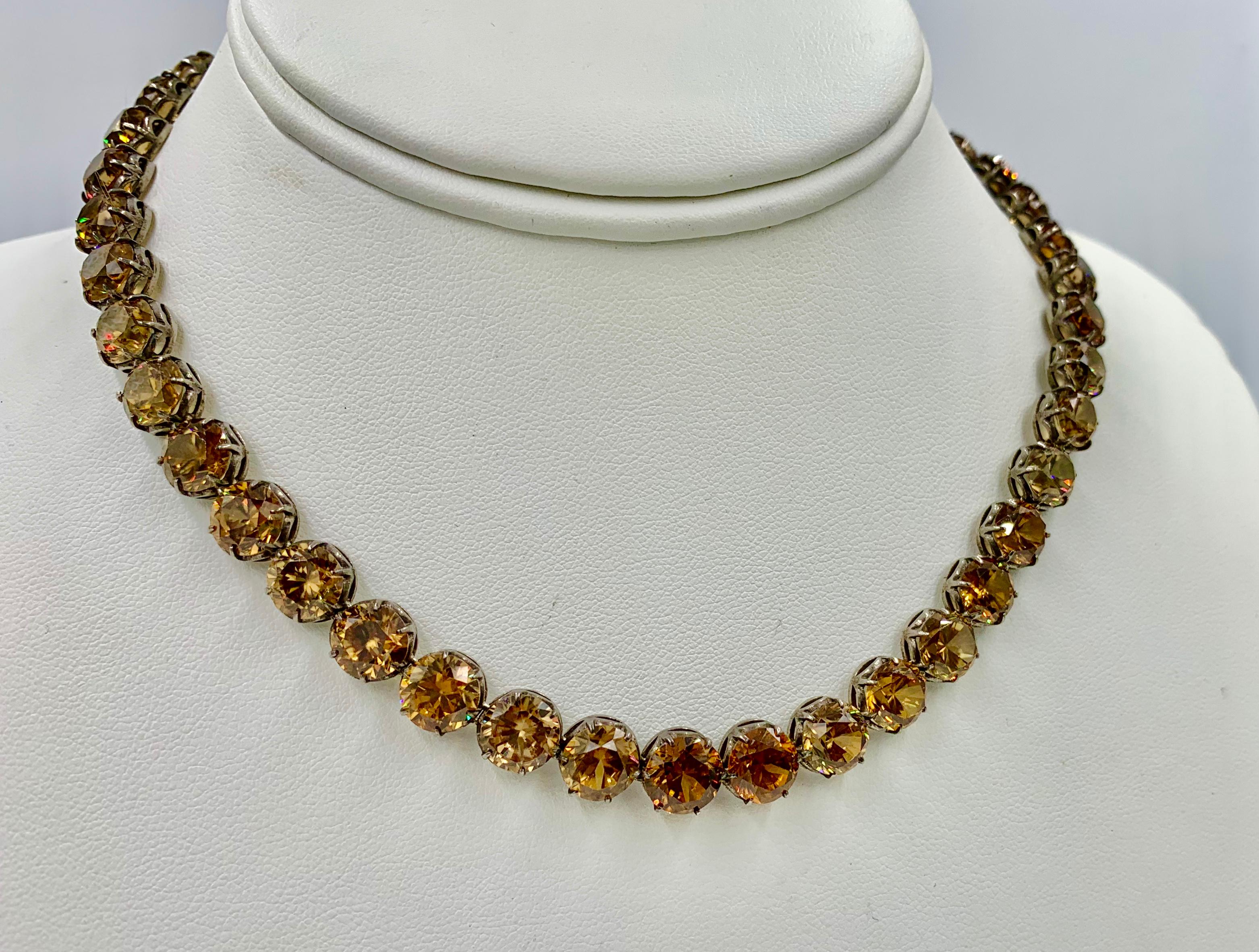 Round Cut 104 Carat Antique Golden Zircon Riviere Necklace and Earrings Victorian Art Deco