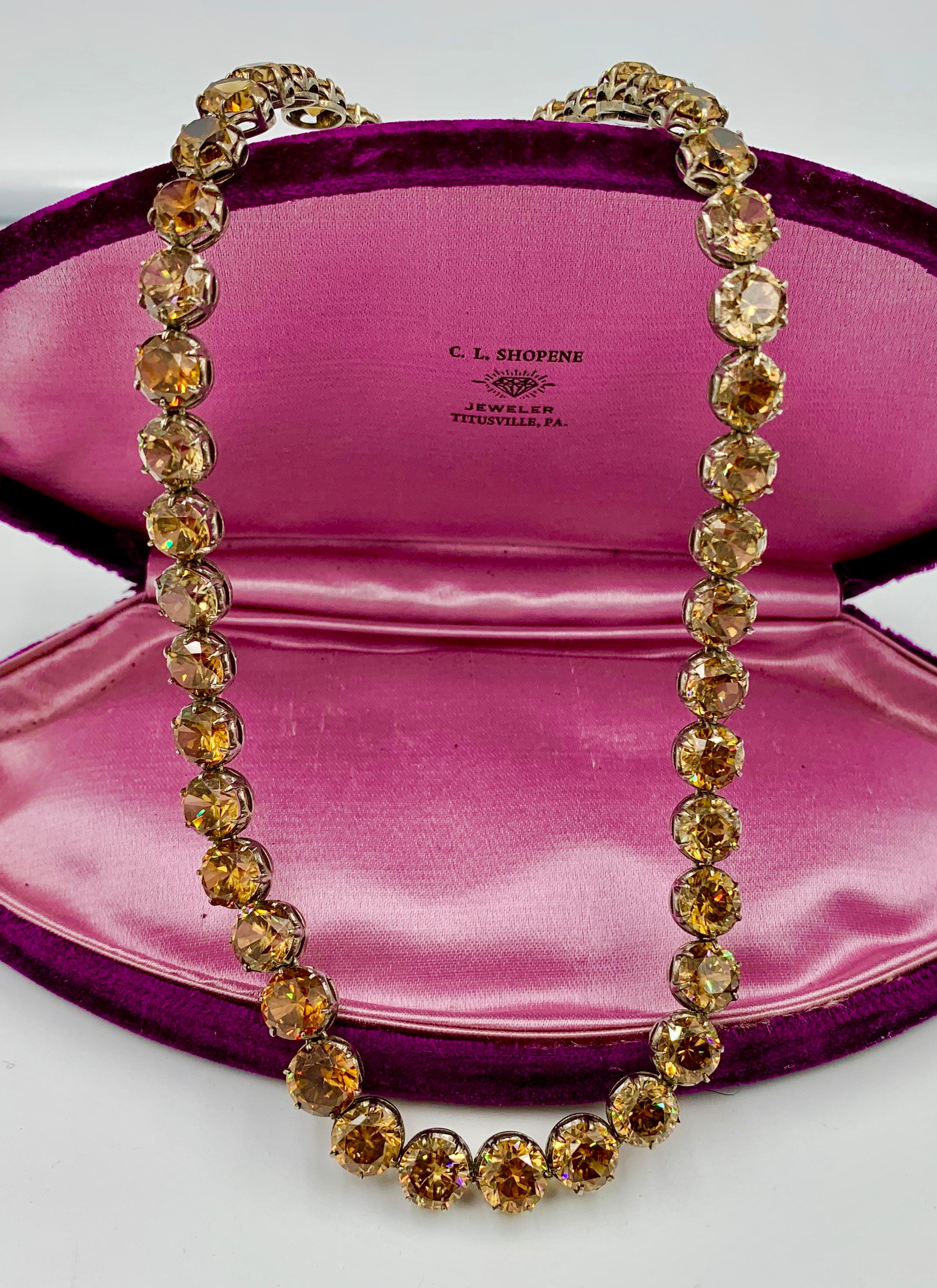 104 Carat Antique Golden Zircon Riviere Necklace and Earrings Victorian Art Deco In Good Condition In New York, NY