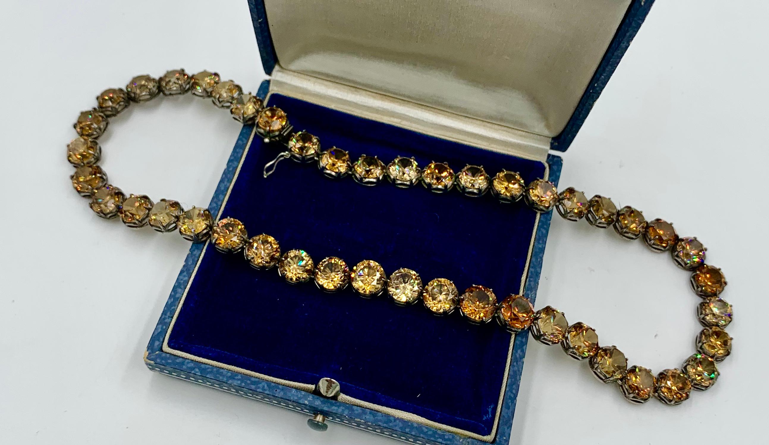 Women's 104 Carat Antique Golden Zircon Riviere Necklace and Earrings Victorian Art Deco