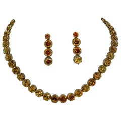 104 Carat Antique Golden Zircon Riviere Necklace and Earrings Victorian Art Deco