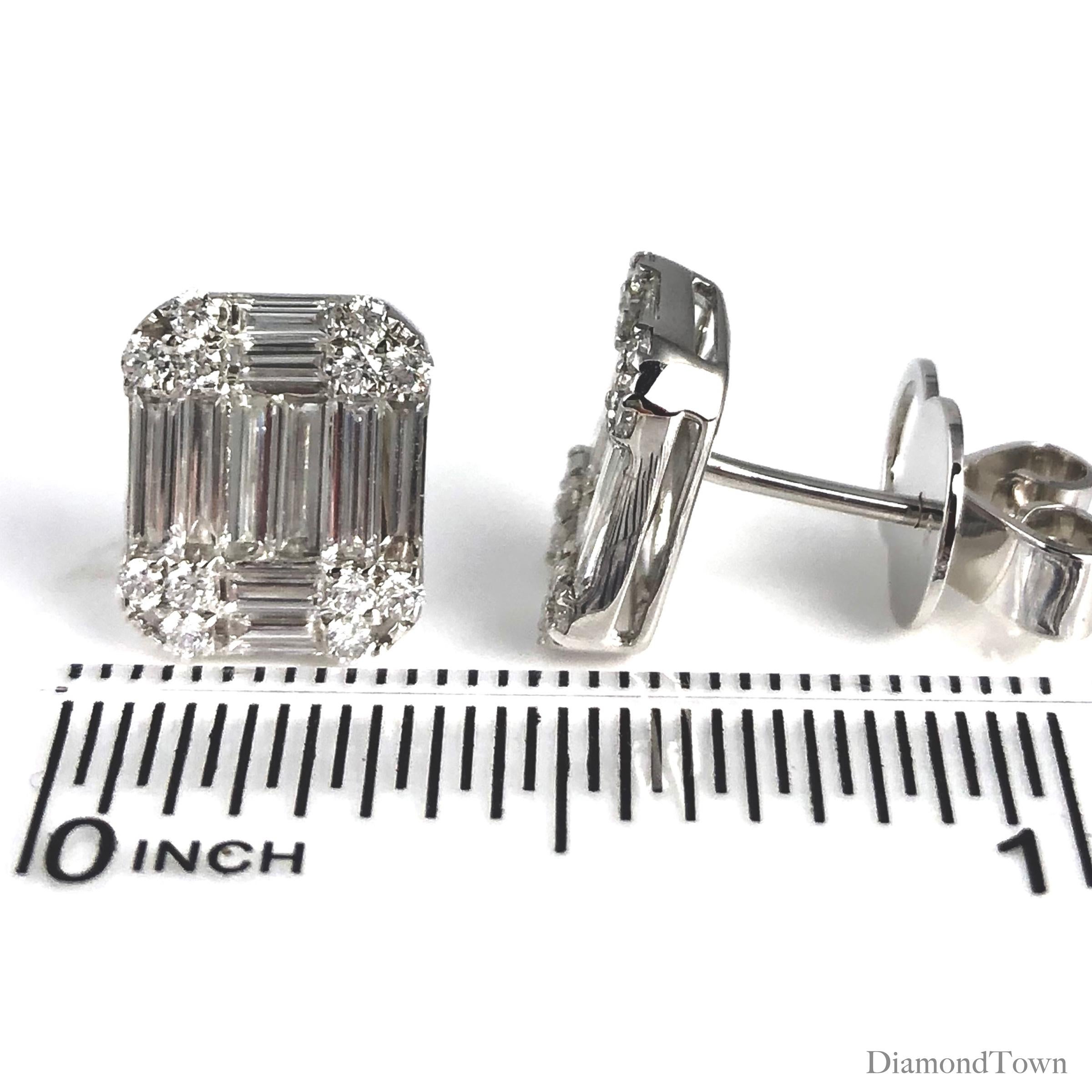 1.04 Carat Baguette and Round Diamond Stud Earrings in 18 Karat White Gold In New Condition In New York, NY