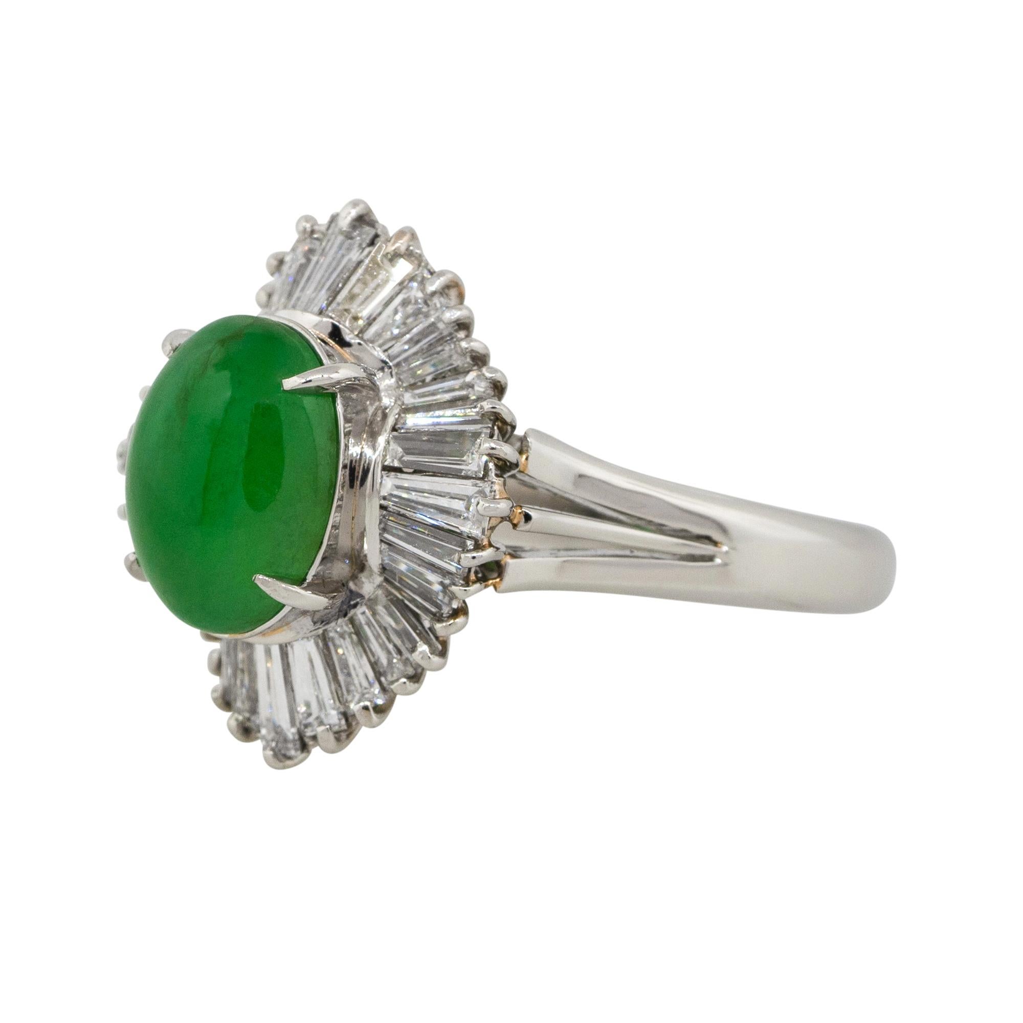 Material: Platinum
Gemstone details: Jade cabochon center gemstone
Diamond details: Approx. 1.04ctw of baguette cut Diamonds. Diamonds are G/H in color and VS in clarity
Ring Size: 6.25 
Ring Measurements: 0.75