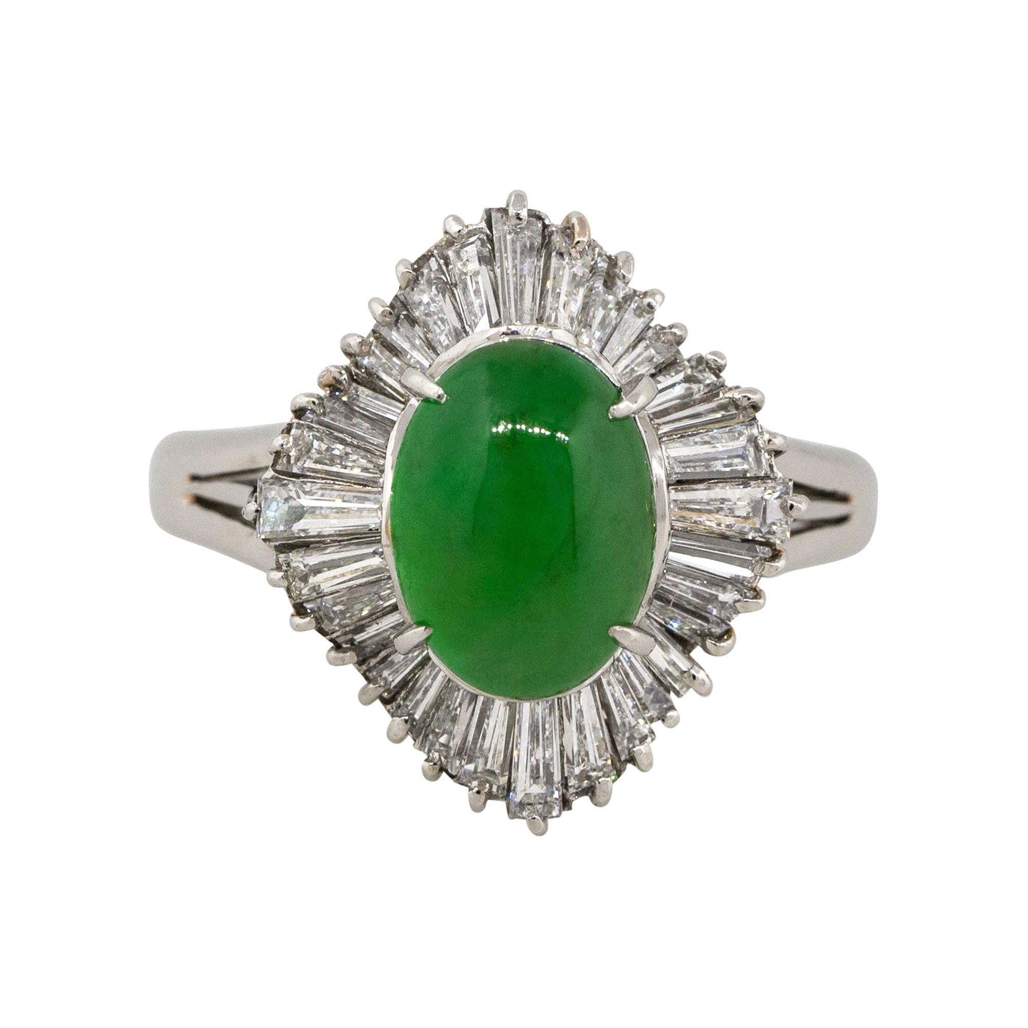 1.04 Carat Baguette Diamond Jade Center Cabochon Ring Platinum