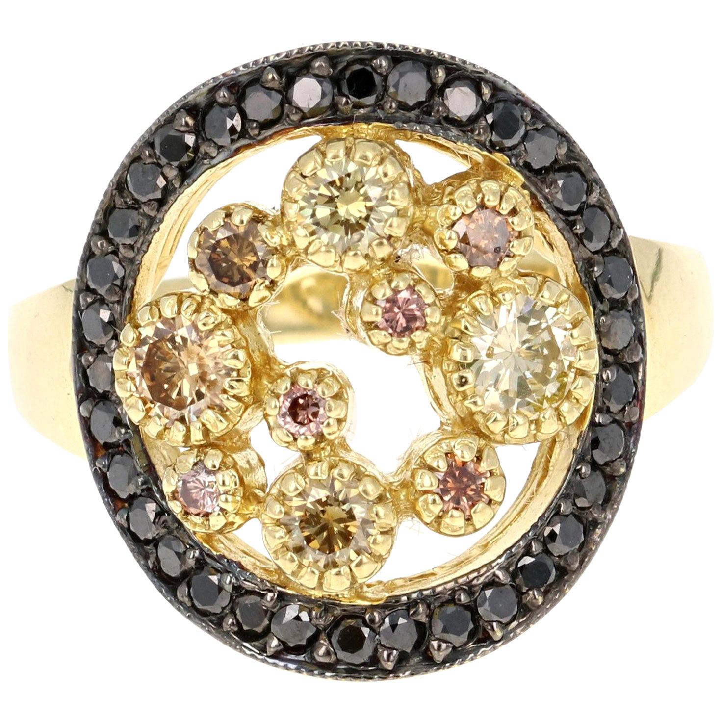1.04 Carat Black and Fancy Colored Diamond Cocktail Ring 18 Karat Yellow Gold