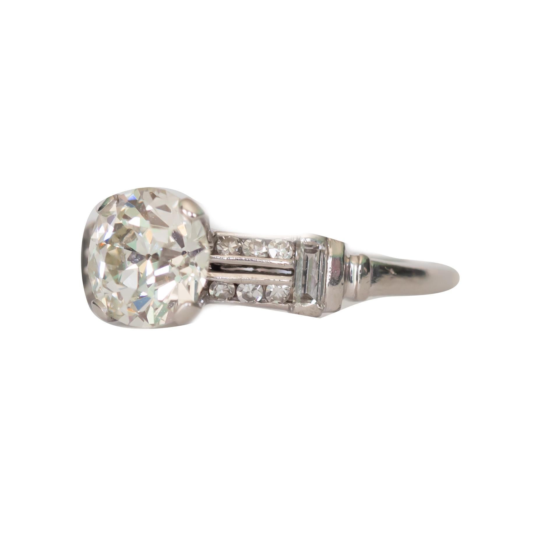 Ring Size: 5.25
Metal Type: Platinum  [Hallmarked, and Tested]
Weight:  3  grams

Center Diamond Details:
Weight: 1.04 carat
Cut: Old European Brilliant
Color: J
Clarity: VS1

Side Diamond Details:
Weight: .20 carat, total weight
Cut: Antique single
