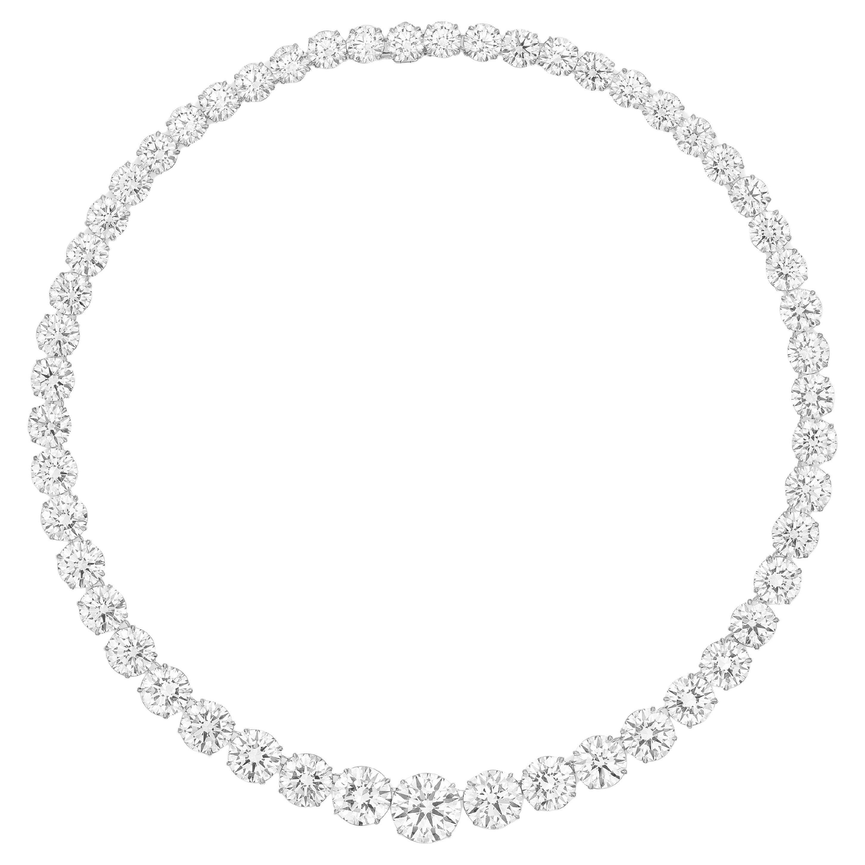 Indulge in unparalleled elegance with this exquisite platinum necklace, 

Featuring 52 round brilliant-cut diamonds, ranging from 7.14 to 1.07 carats, set in platinum.

Certified by GIA  Each diamond is D color, Flawless to Internally Flawless