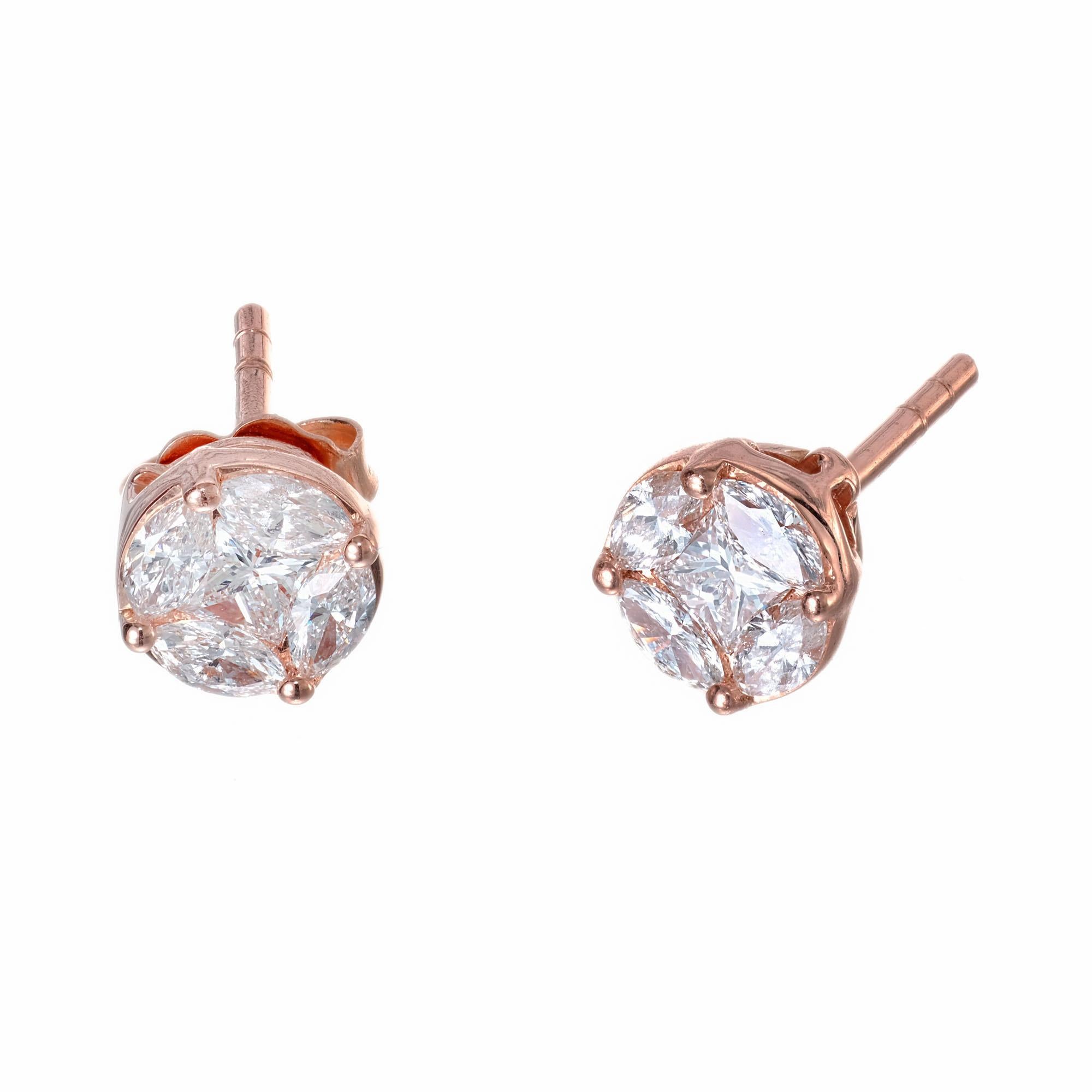Marquise and round cut diamond earrings. Diamonds clustered together in a circle to look like a one carat each diamond studs.

8 marquise cut diamonds, G VS approx. .80cts
2 princess cut diamonds, G VS approx. .24cts
18k rose gold 
Stamped: 750
1.7