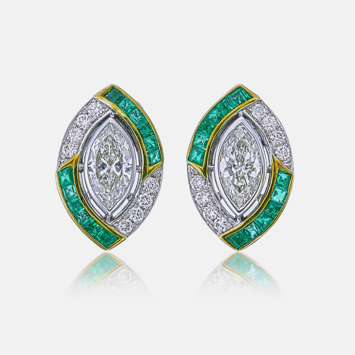 Marquise Cut 1.04 Carat Emerald and Diamond Earrings in 18 Karat White Gold For Sale