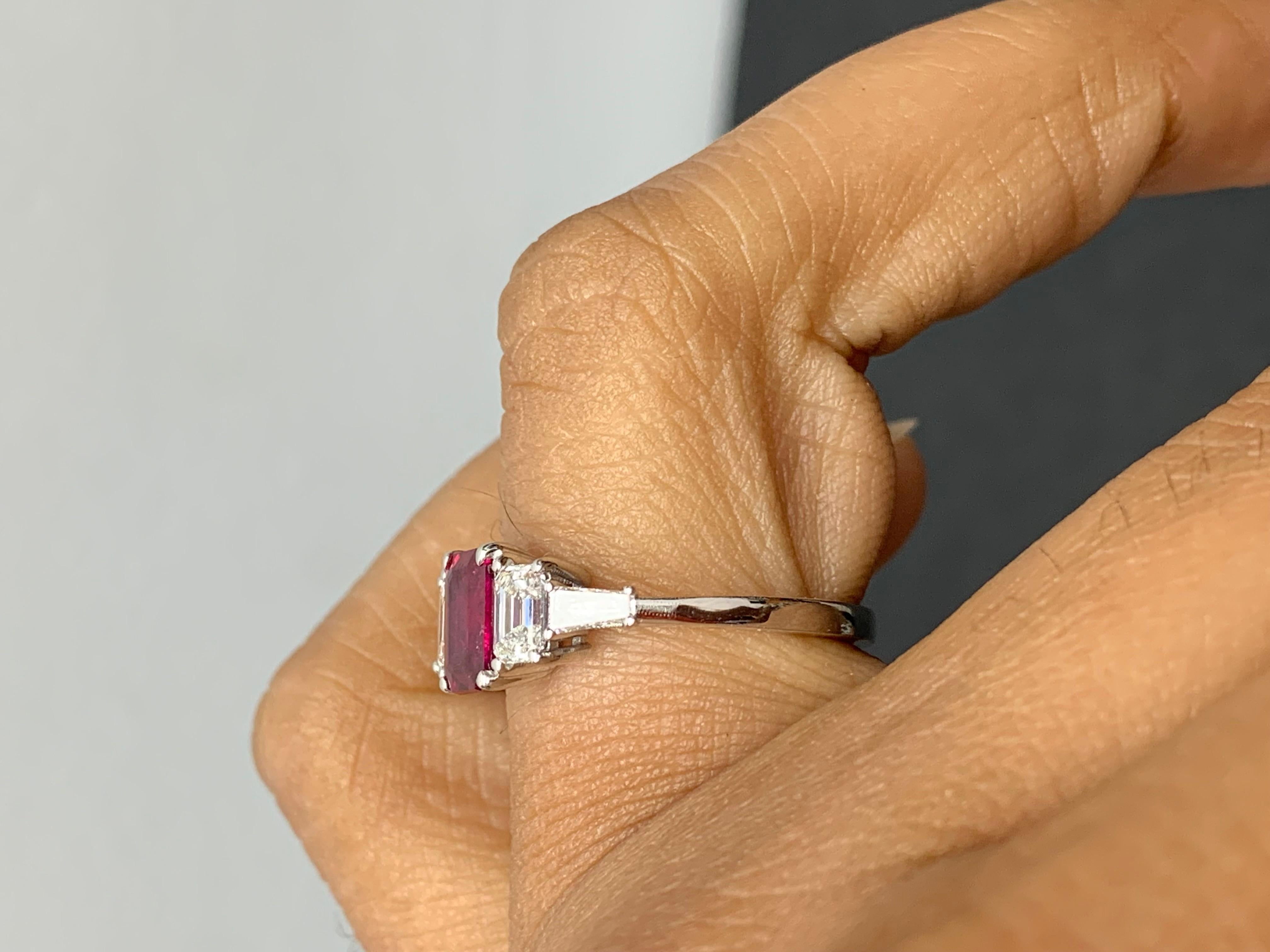 1.04 Carat Emerald Cut Ruby and Diamond 5 Stone Ring in 14K White Gold For Sale 5