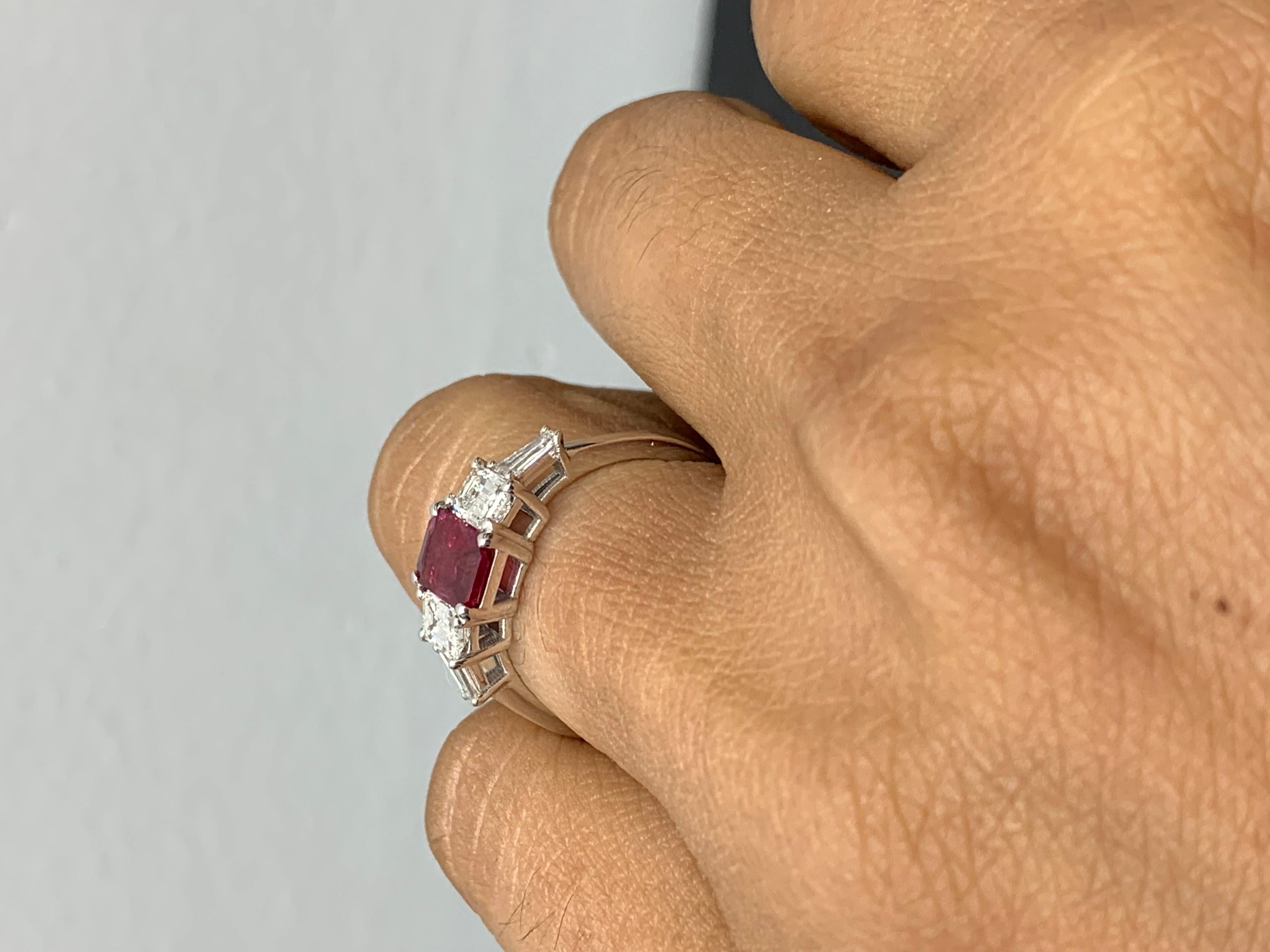 1.04 Carat Emerald Cut Ruby and Diamond 5 Stone Ring in 14K White Gold For Sale 6