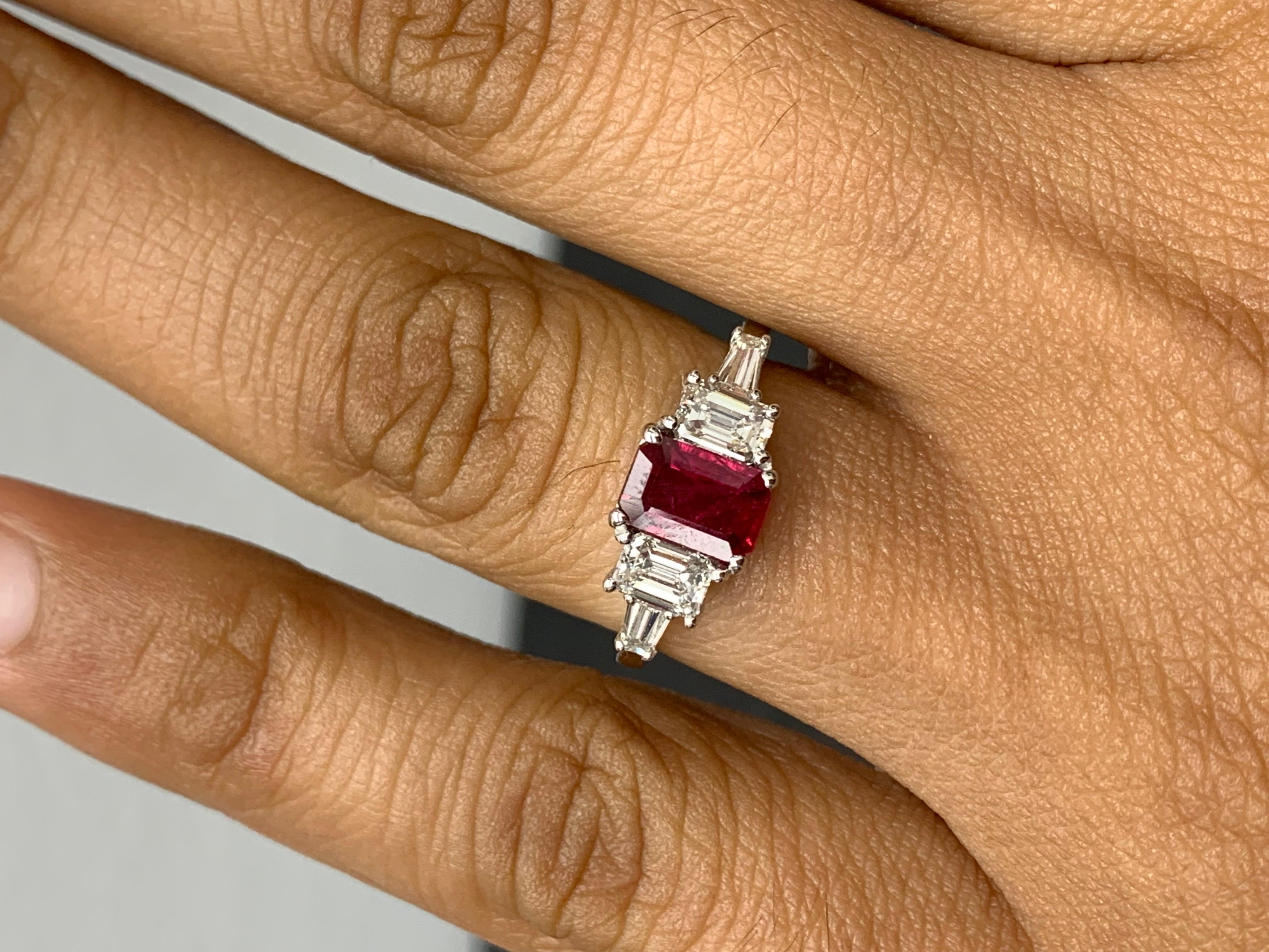 Women's 1.04 Carat Emerald Cut Ruby and Diamond 5 Stone Ring in 14K White Gold For Sale