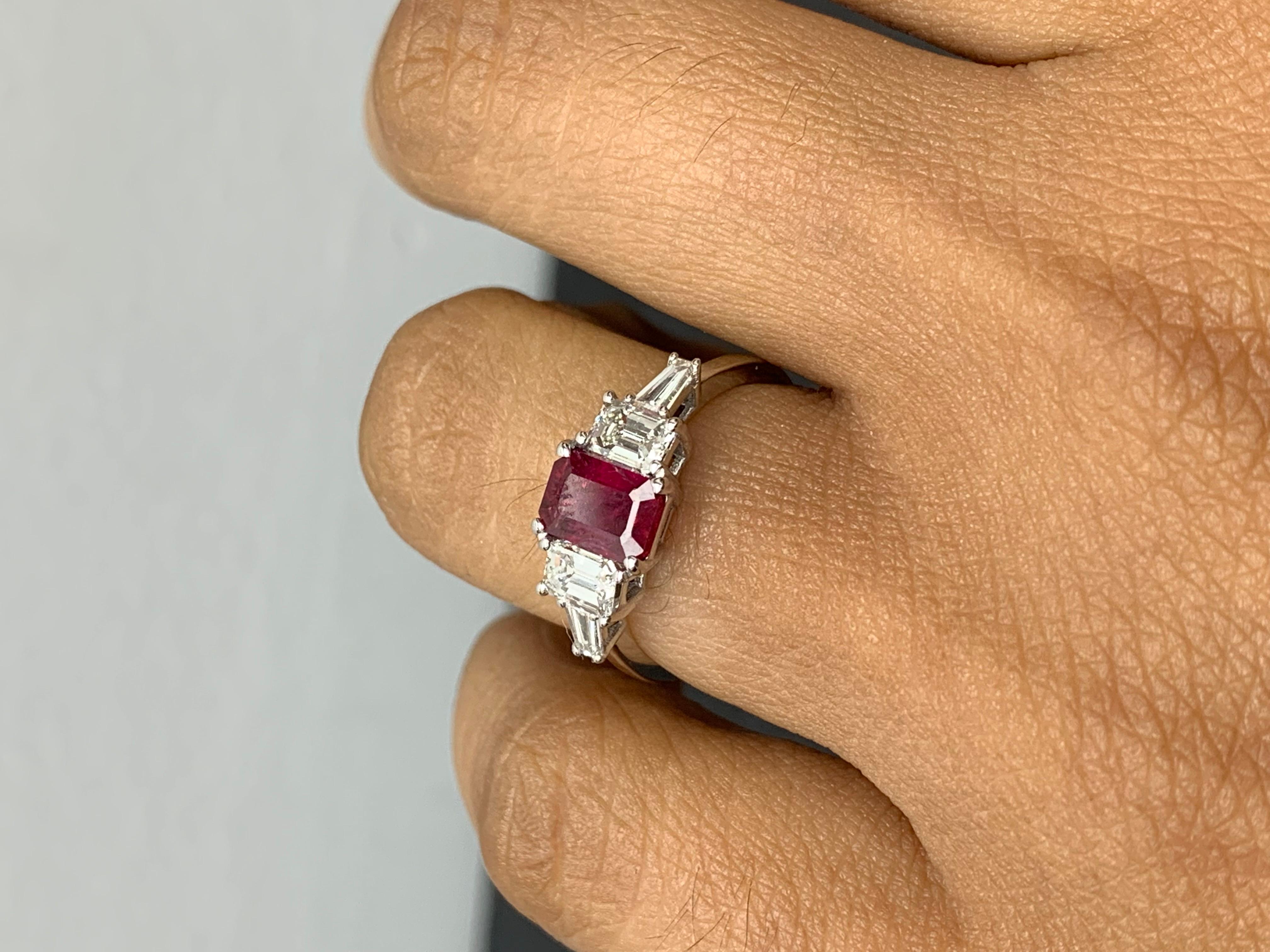 1.04 Carat Emerald Cut Ruby and Diamond 5 Stone Ring in 14K White Gold For Sale 1
