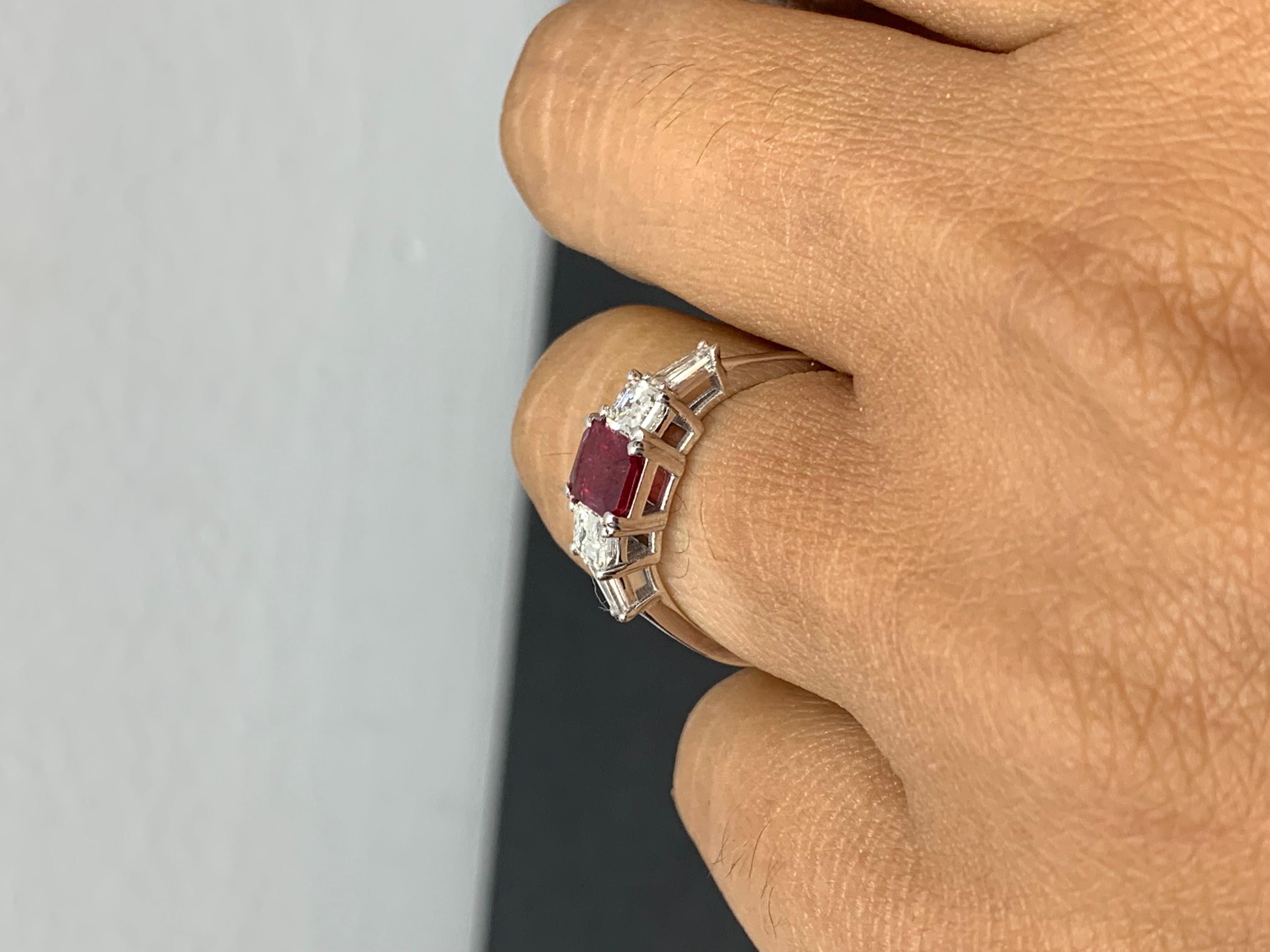 Women's 1.04 Carat Emerald Cut Ruby and Diamond 5 Stone Ring in 14K White Gold For Sale