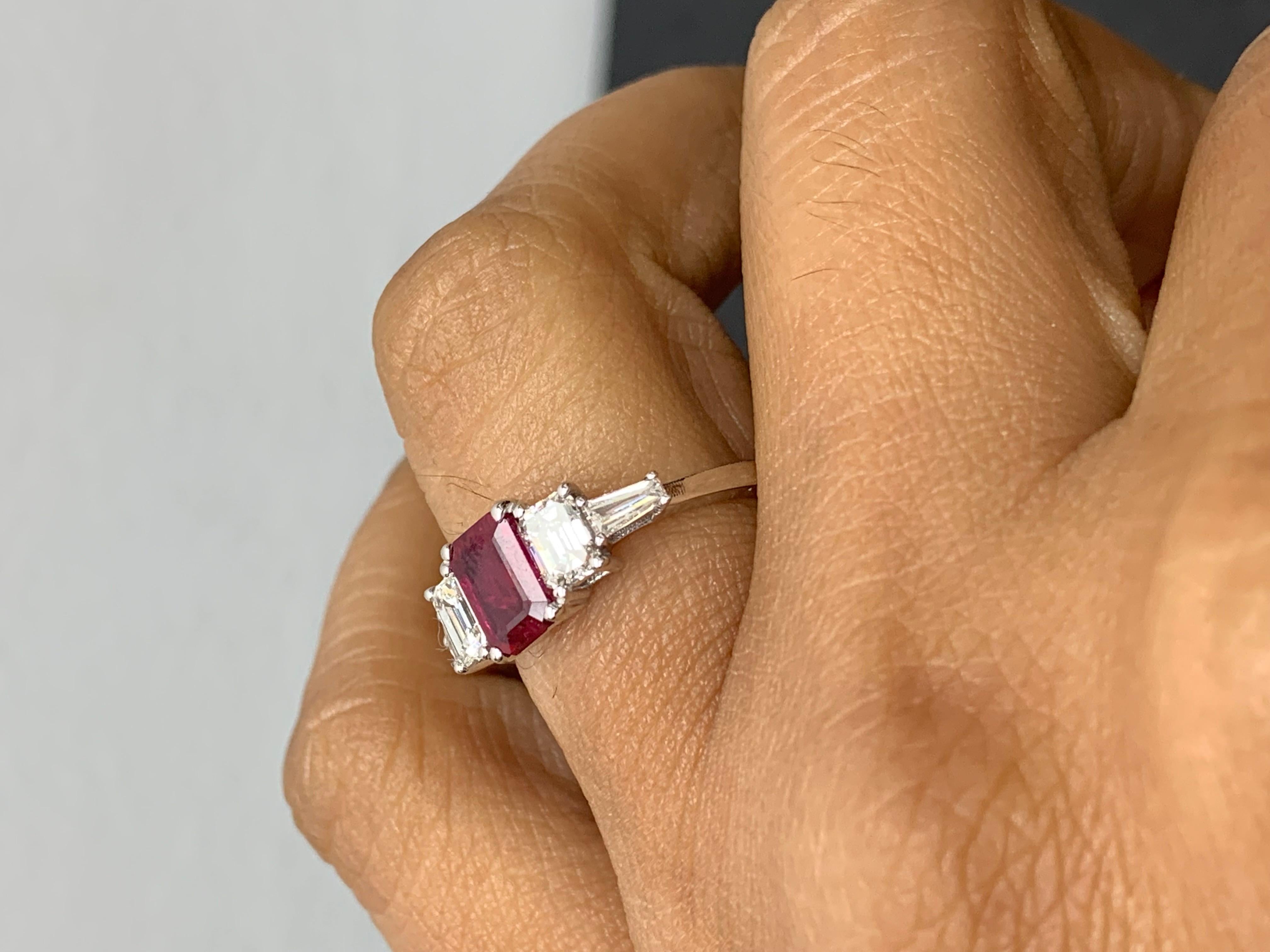 1.04 Carat Emerald Cut Ruby and Diamond 5 Stone Ring in 14K White Gold For Sale 3