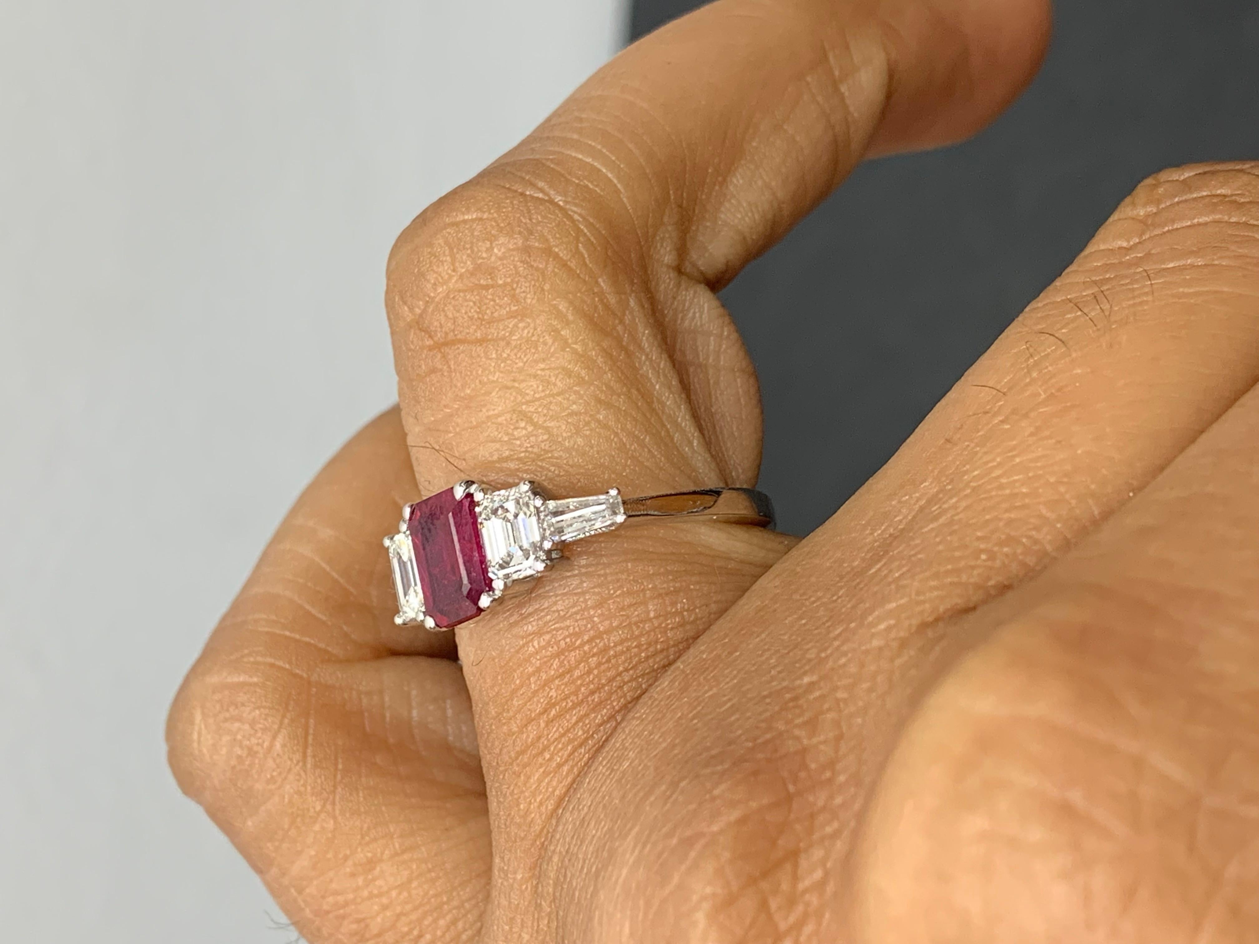 1.04 Carat Emerald Cut Ruby and Diamond 5 Stone Ring in 14K White Gold For Sale 4