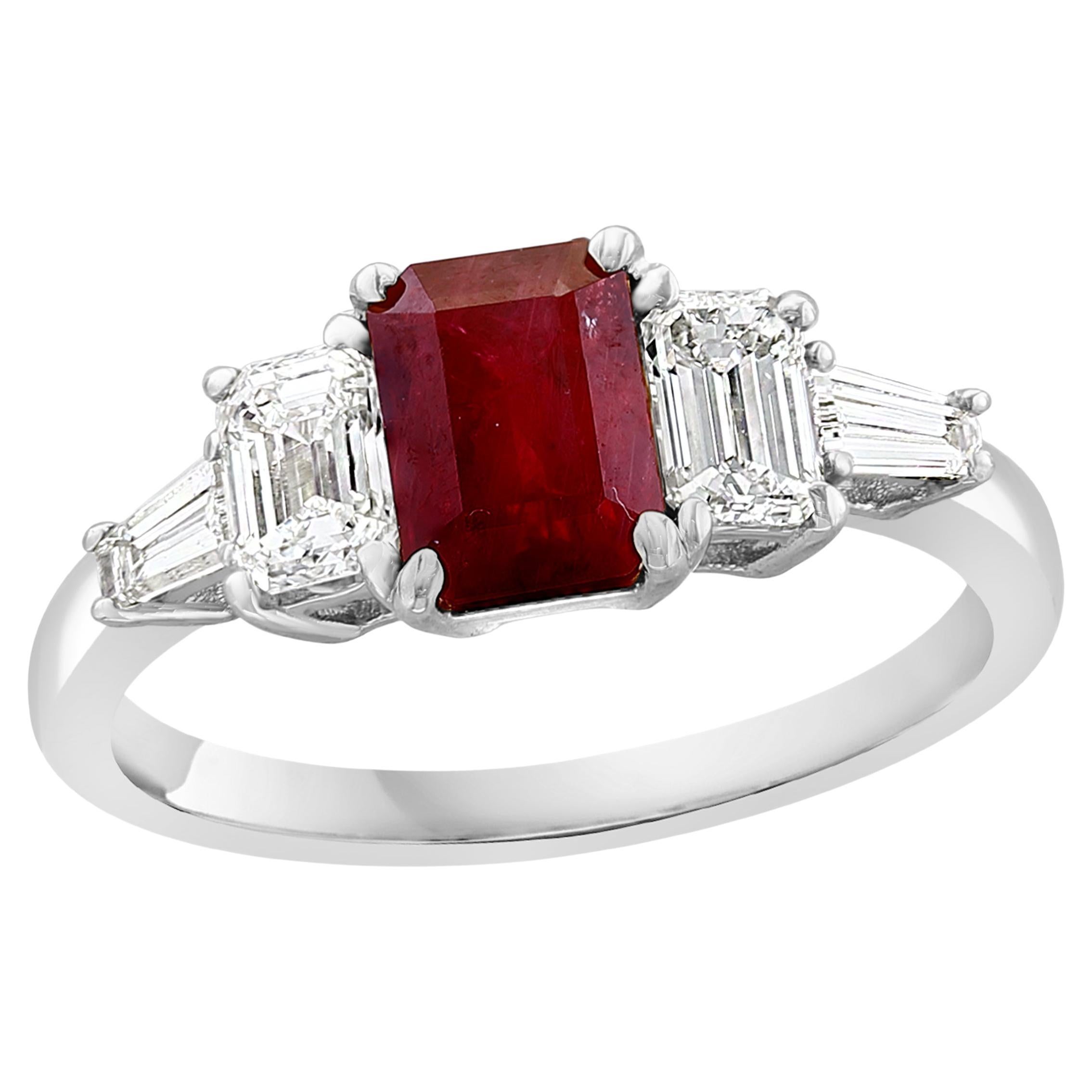 1.04 Carat Emerald Cut Ruby and Diamond 5 Stone Ring in 14K White Gold