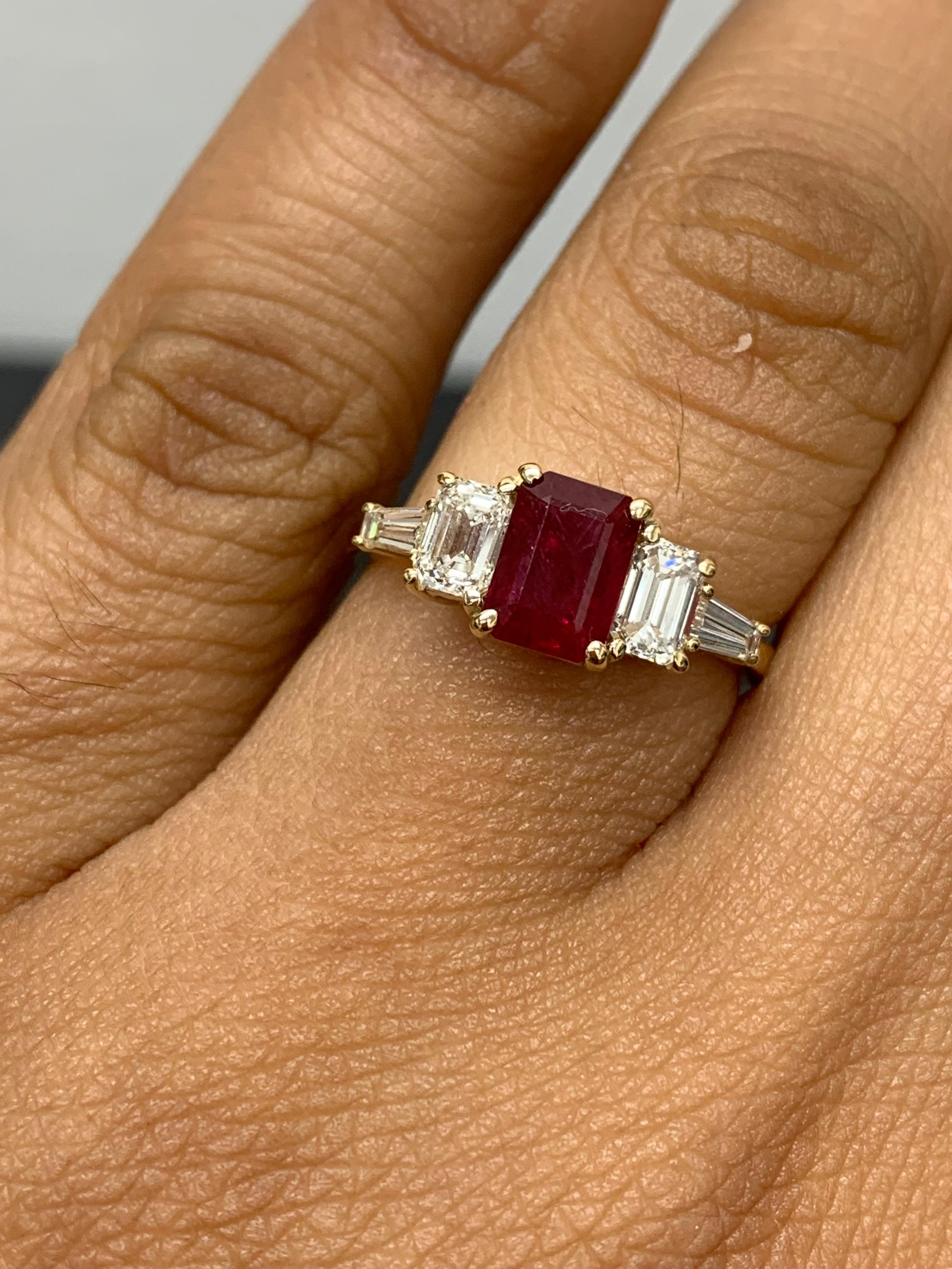 1.04 Carat Emerald Cut Ruby and Diamond 5 Stone Ring in 14K Yellow Gold For Sale 6