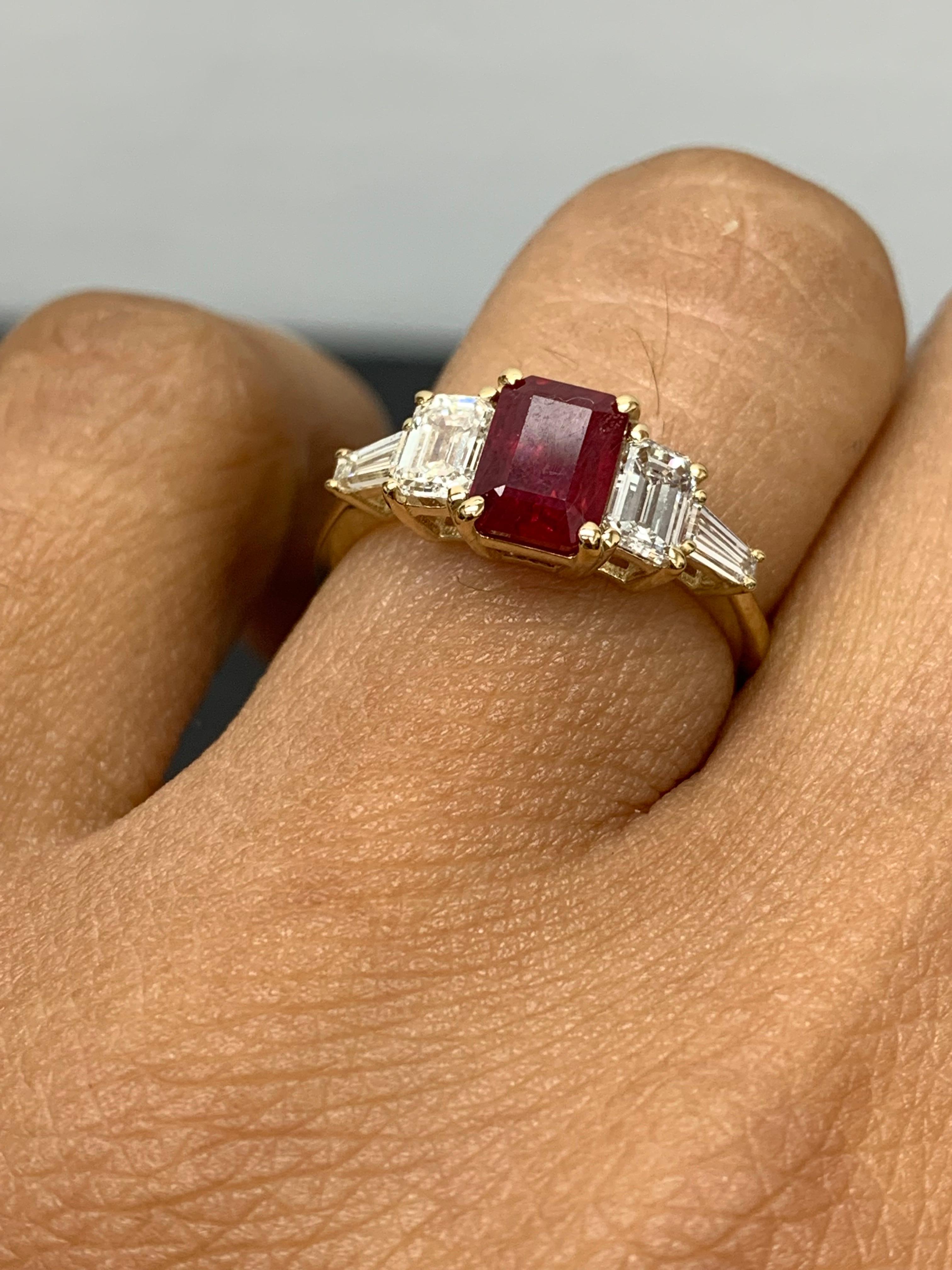 1.04 Carat Emerald Cut Ruby and Diamond 5 Stone Ring in 14K Yellow Gold For Sale 7