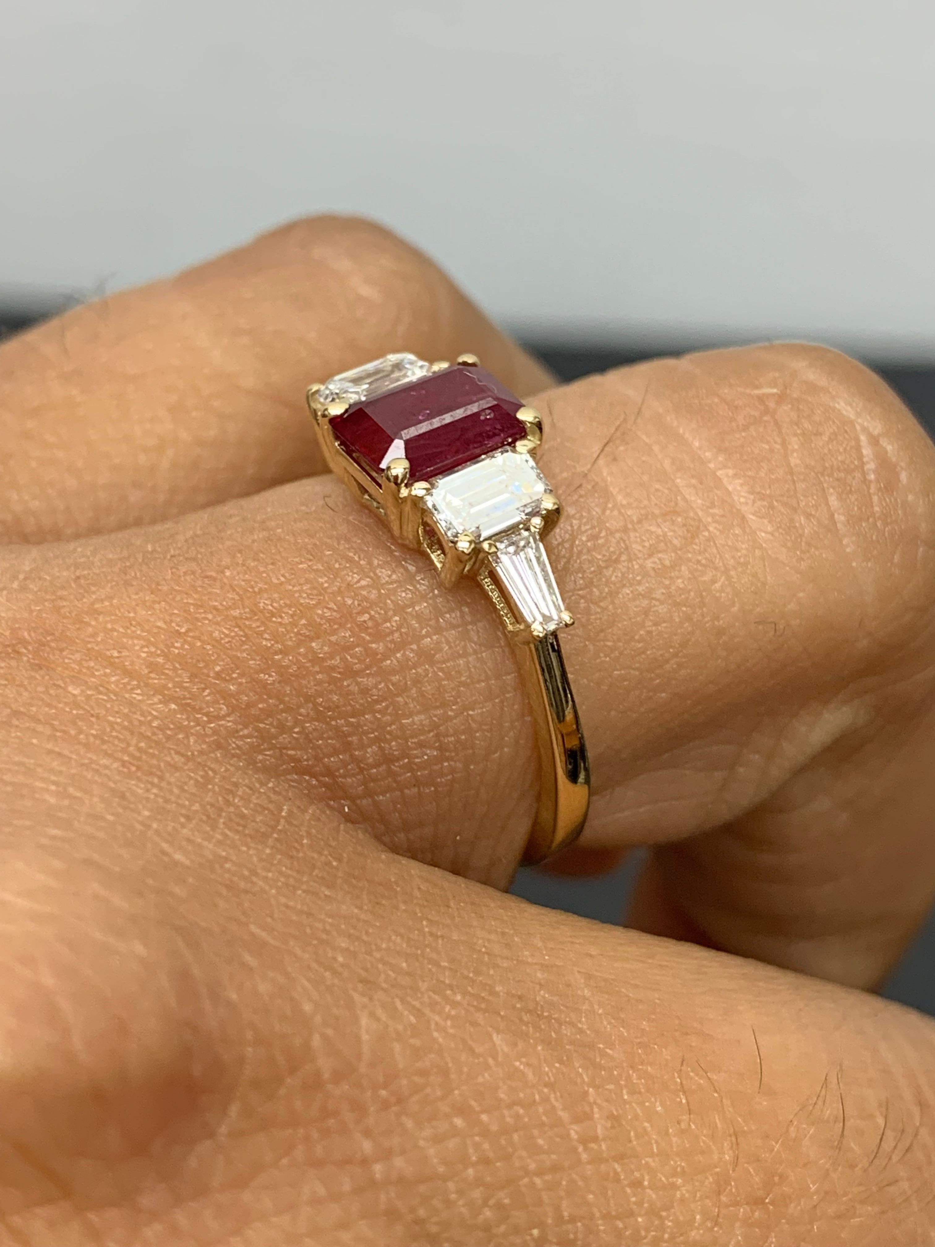 Modern 1.04 Carat Emerald Cut Ruby and Diamond 5 Stone Ring in 14K Yellow Gold For Sale