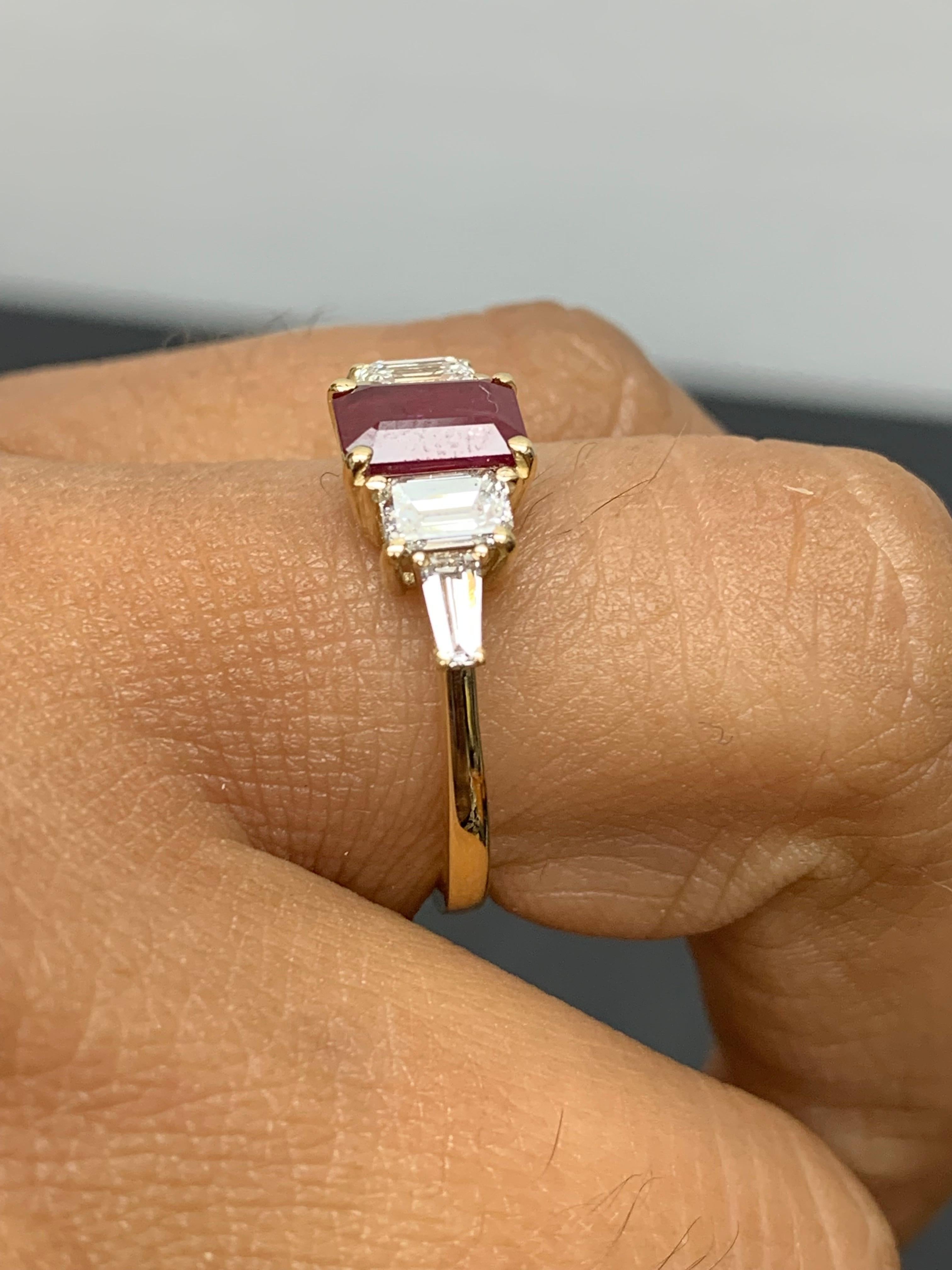 1.04 Carat Emerald Cut Ruby and Diamond 5 Stone Ring in 14K Yellow Gold In New Condition For Sale In NEW YORK, NY