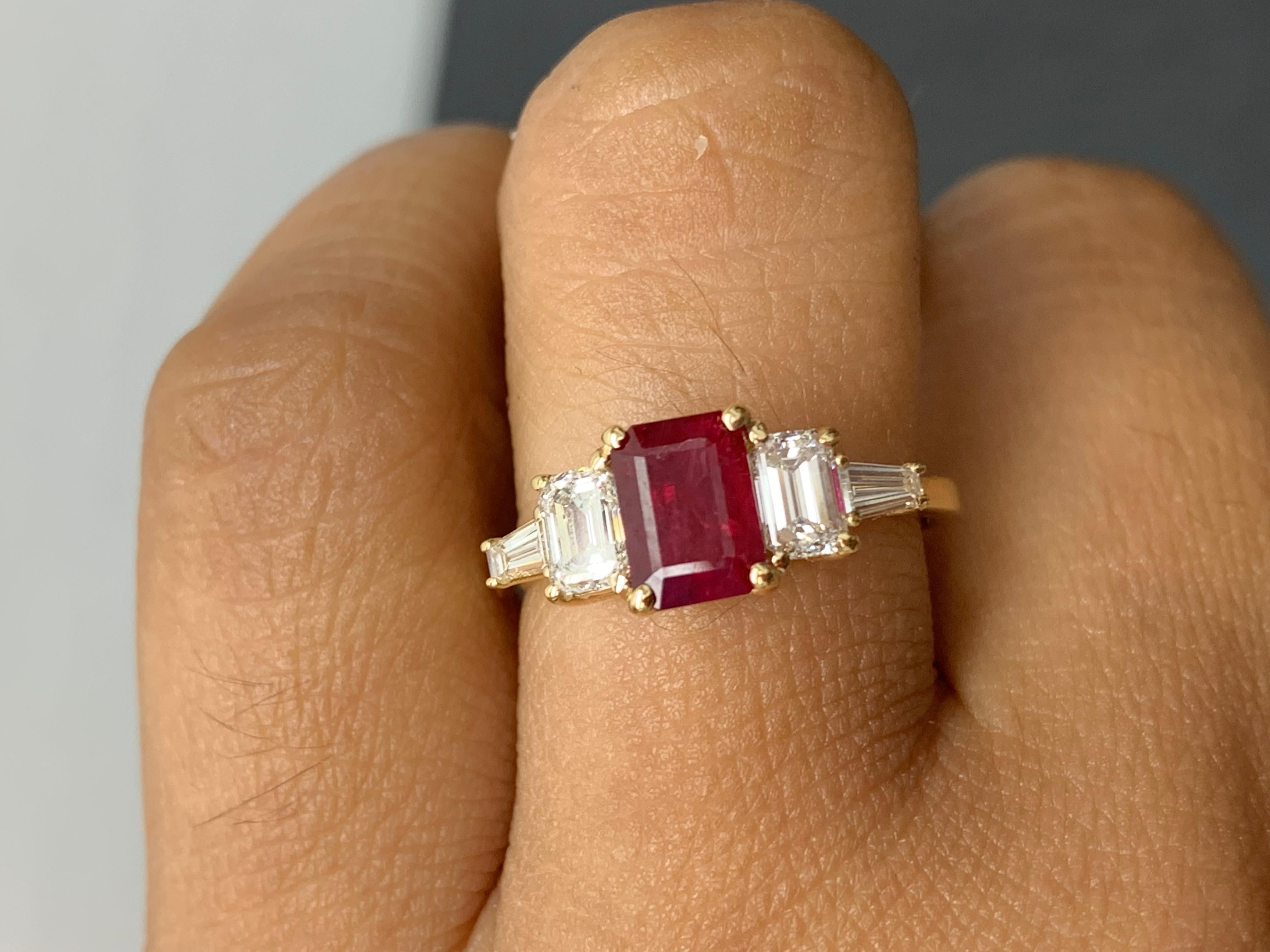 Women's 1.04 Carat Emerald Cut Ruby and Diamond 5 Stone Ring in 14K Yellow Gold For Sale