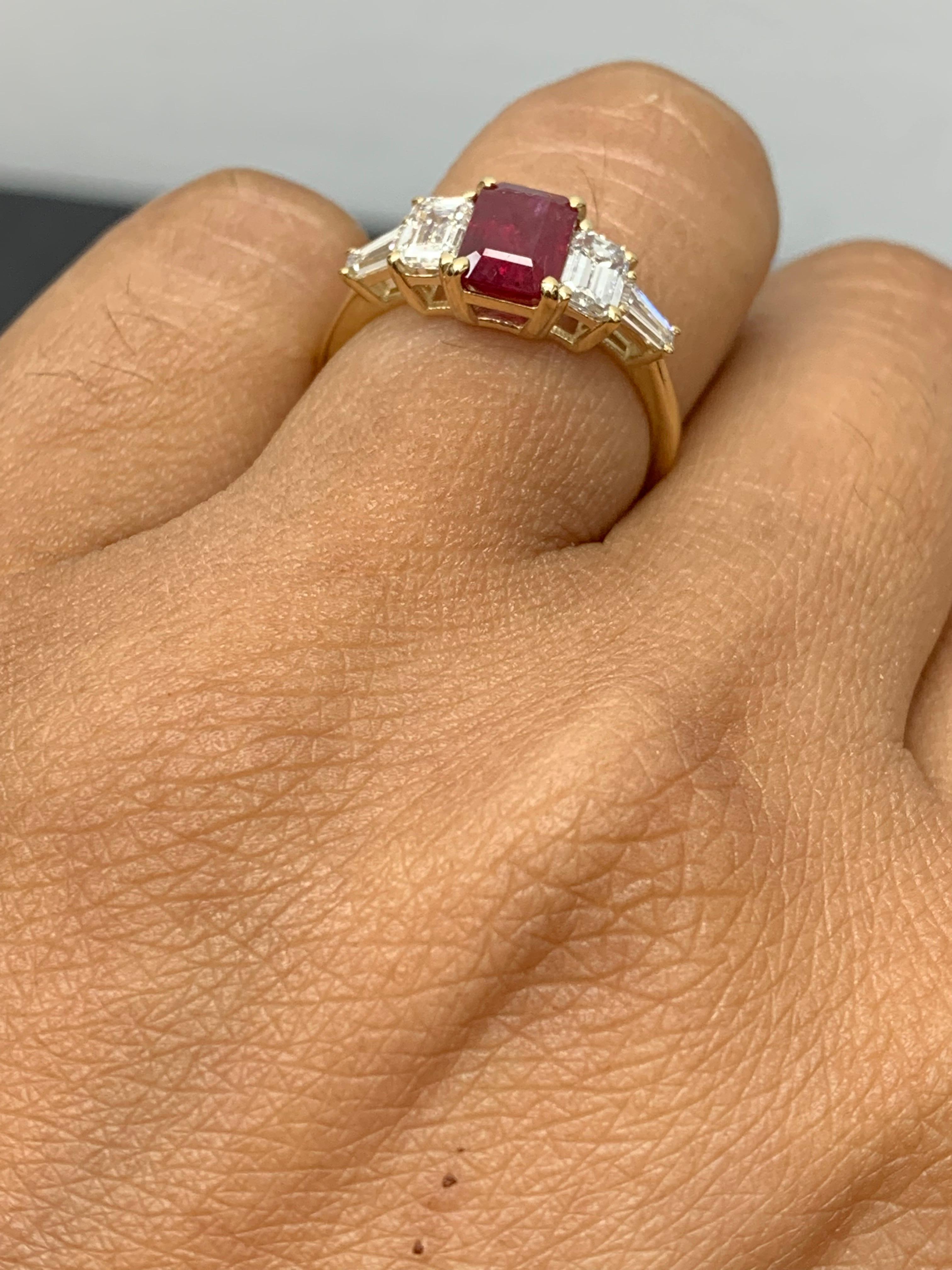 1.04 Carat Emerald Cut Ruby and Diamond 5 Stone Ring in 14K Yellow Gold For Sale 1