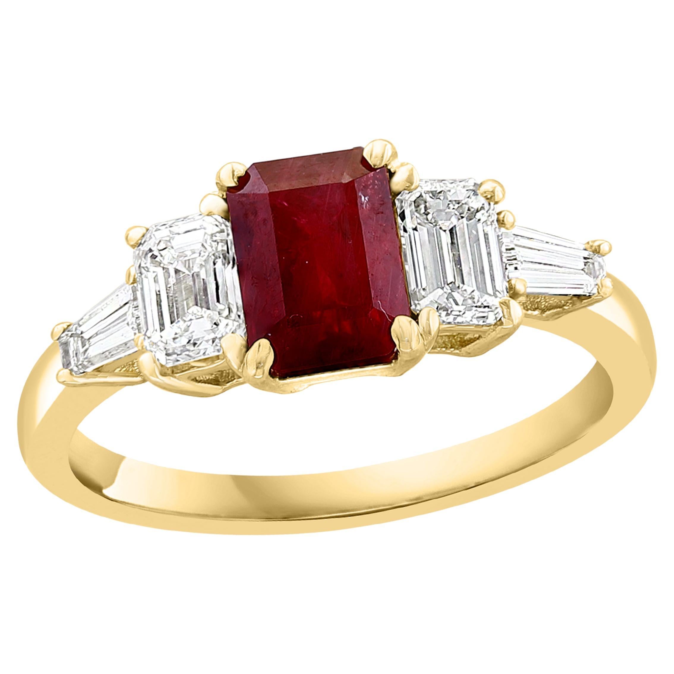 1.04 Carat Emerald Cut Ruby and Diamond 5 Stone Ring in 14K Yellow Gold For Sale